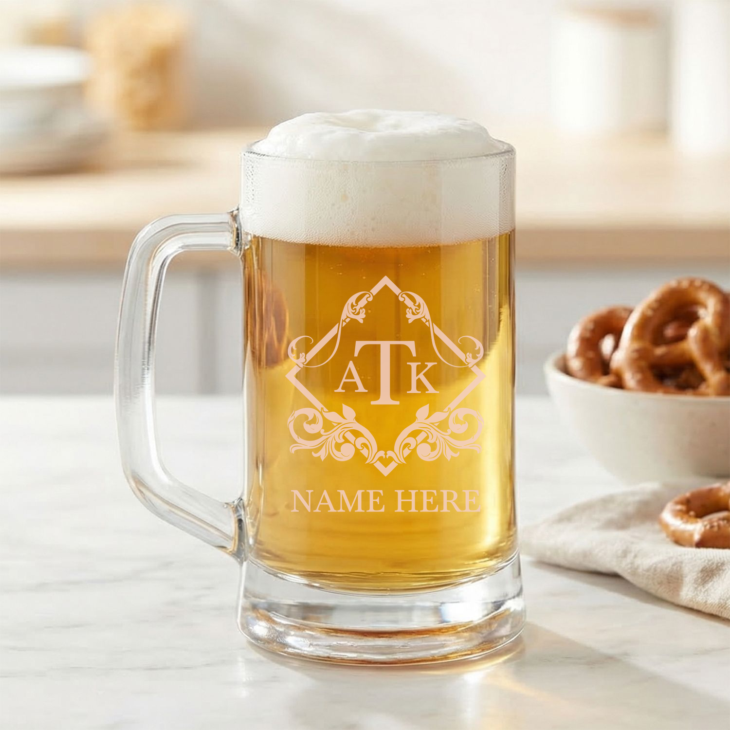 Personalized 3 Letter Monogram Beer Mug Custom Engraved 16 oz Glass Beer Mug