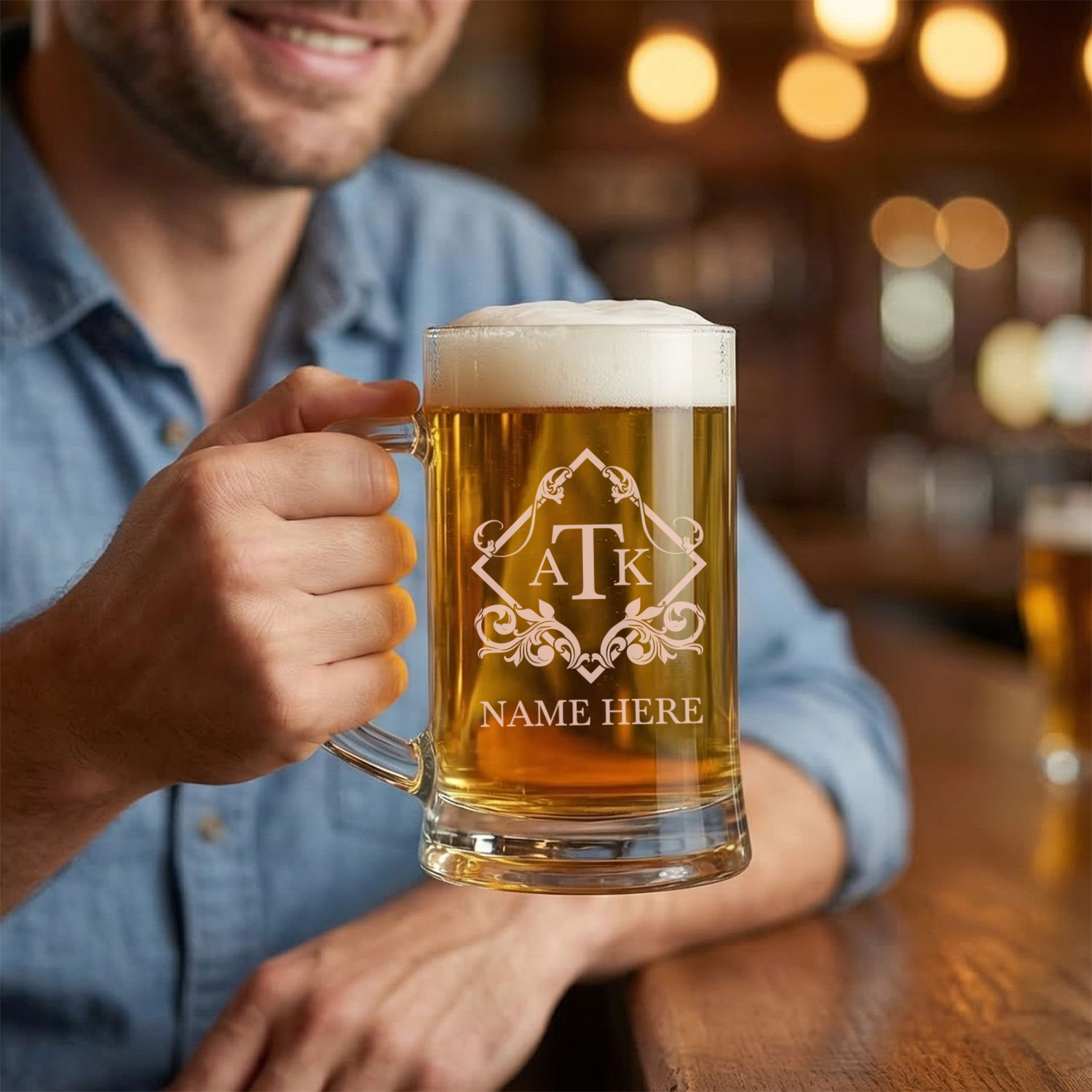 Personalized 3 Letter Monogram Beer Mug Custom Engraved 16 oz Glass Beer Mug
