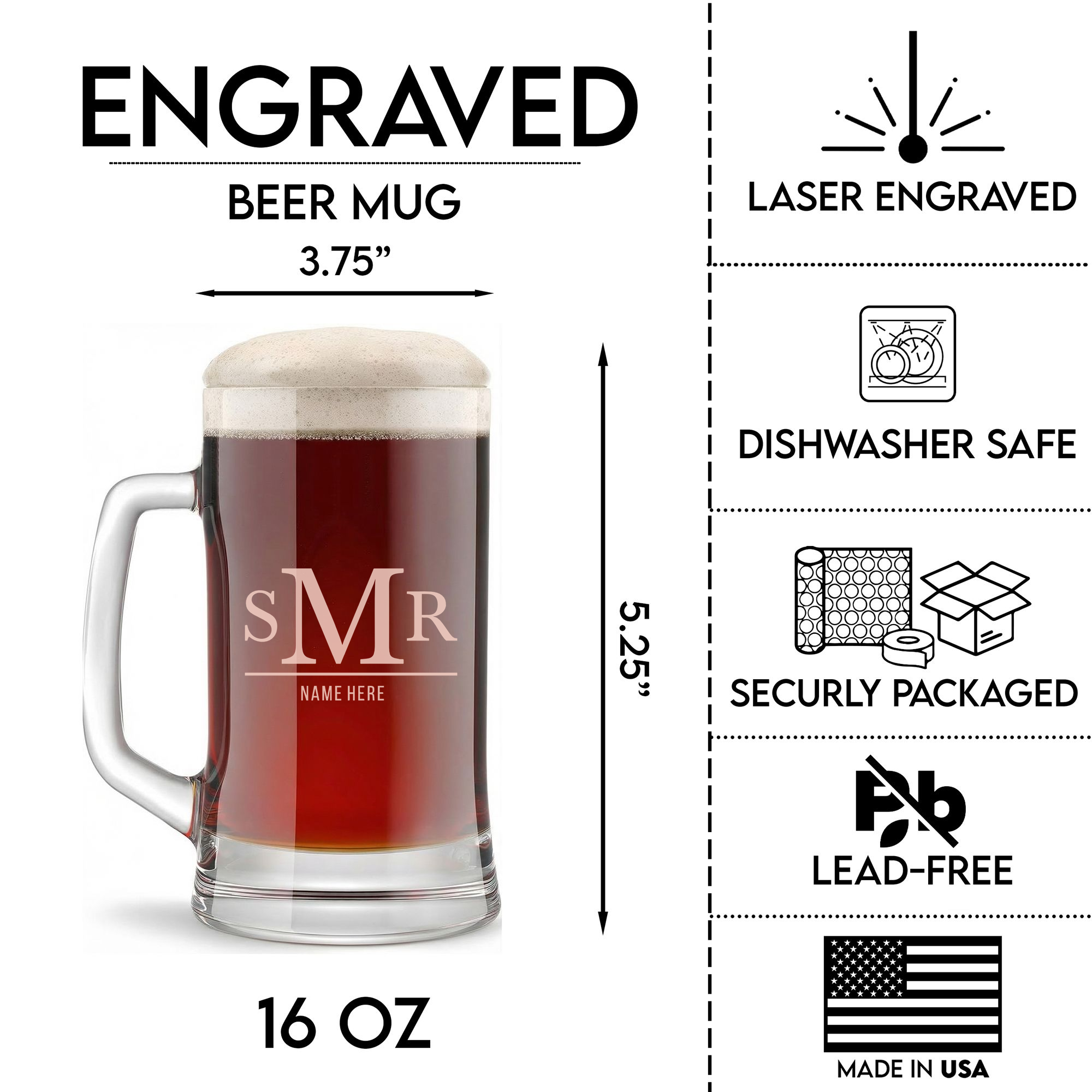 Personalized 3 Letter Monogram with Name Beer Mug Custom Engraved 16 oz Glass Beer Mug