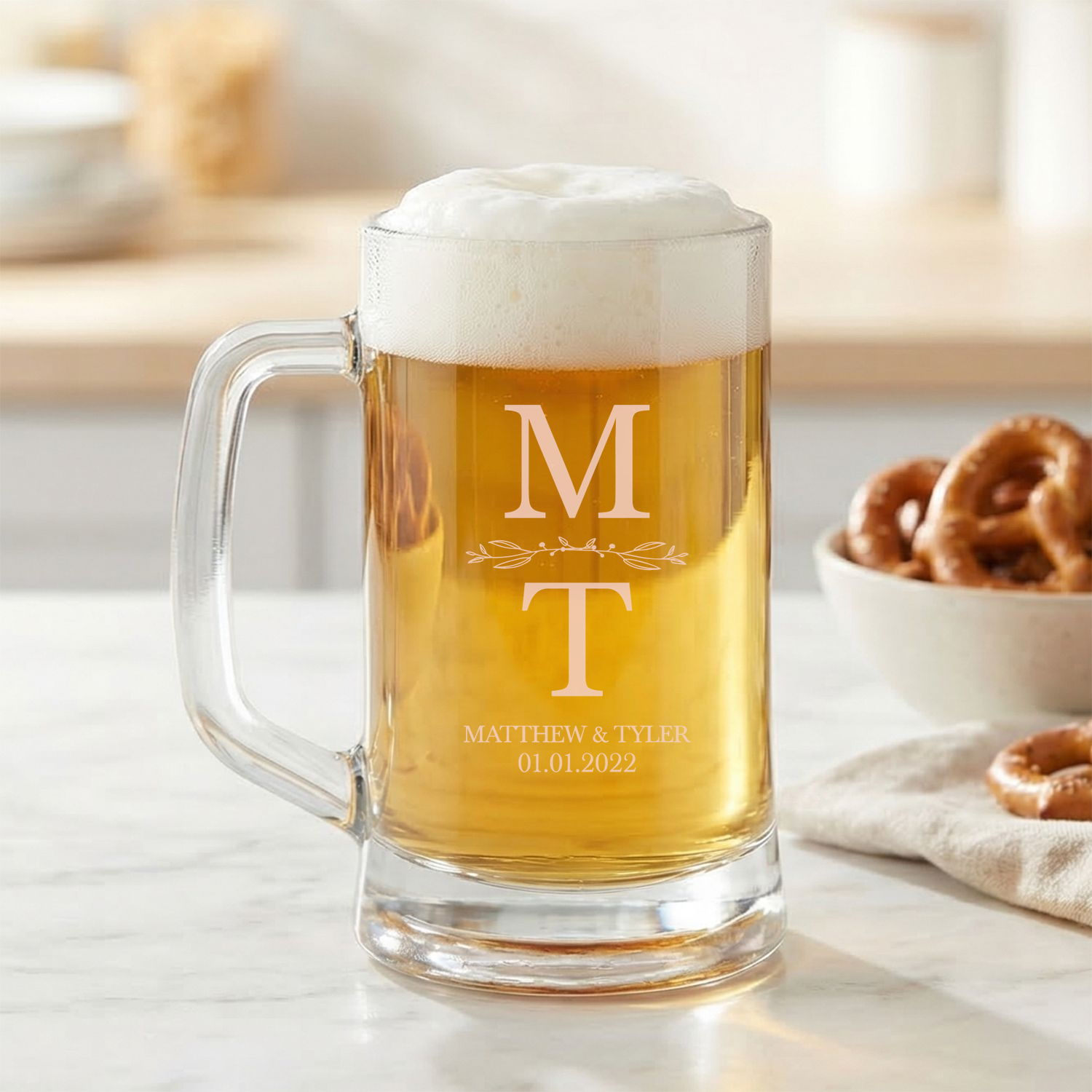 Personalized Wedding Themed Beer Mug Custom Engraved 16 oz Glass Beer Mug