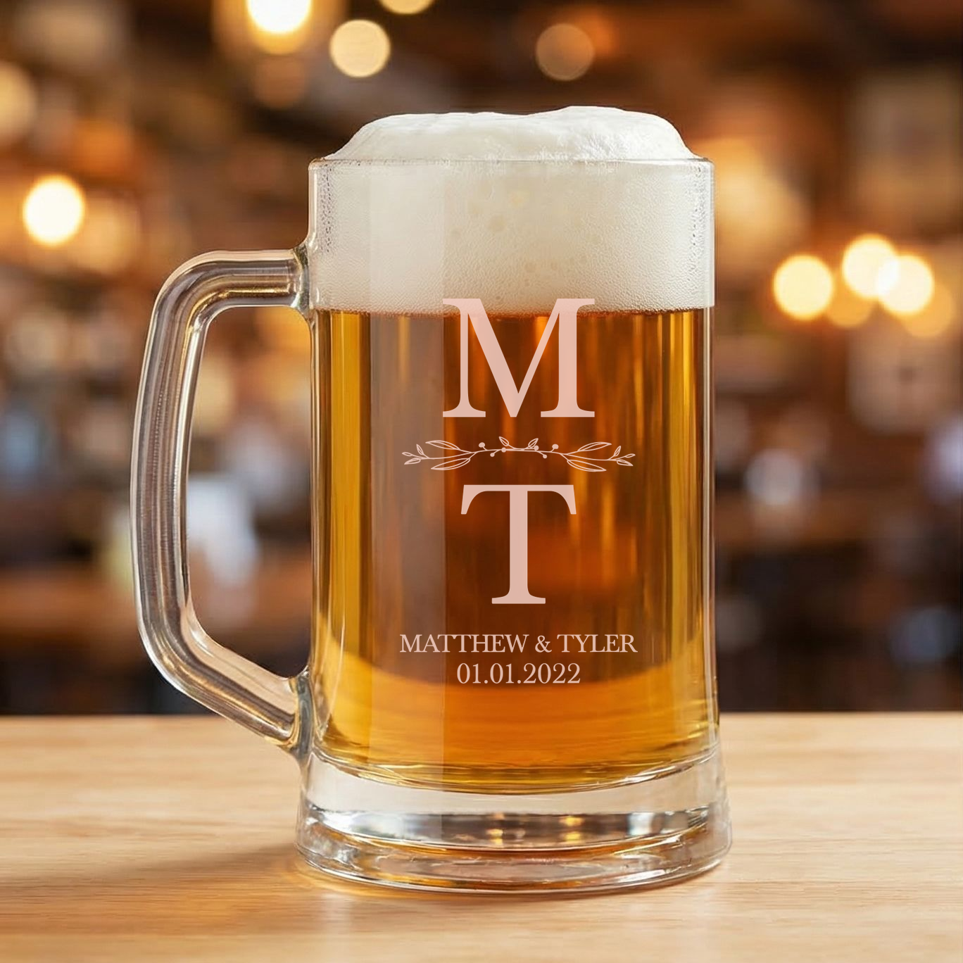 Personalized Wedding Themed Beer Mug Custom Engraved 16 oz Glass Beer Mug