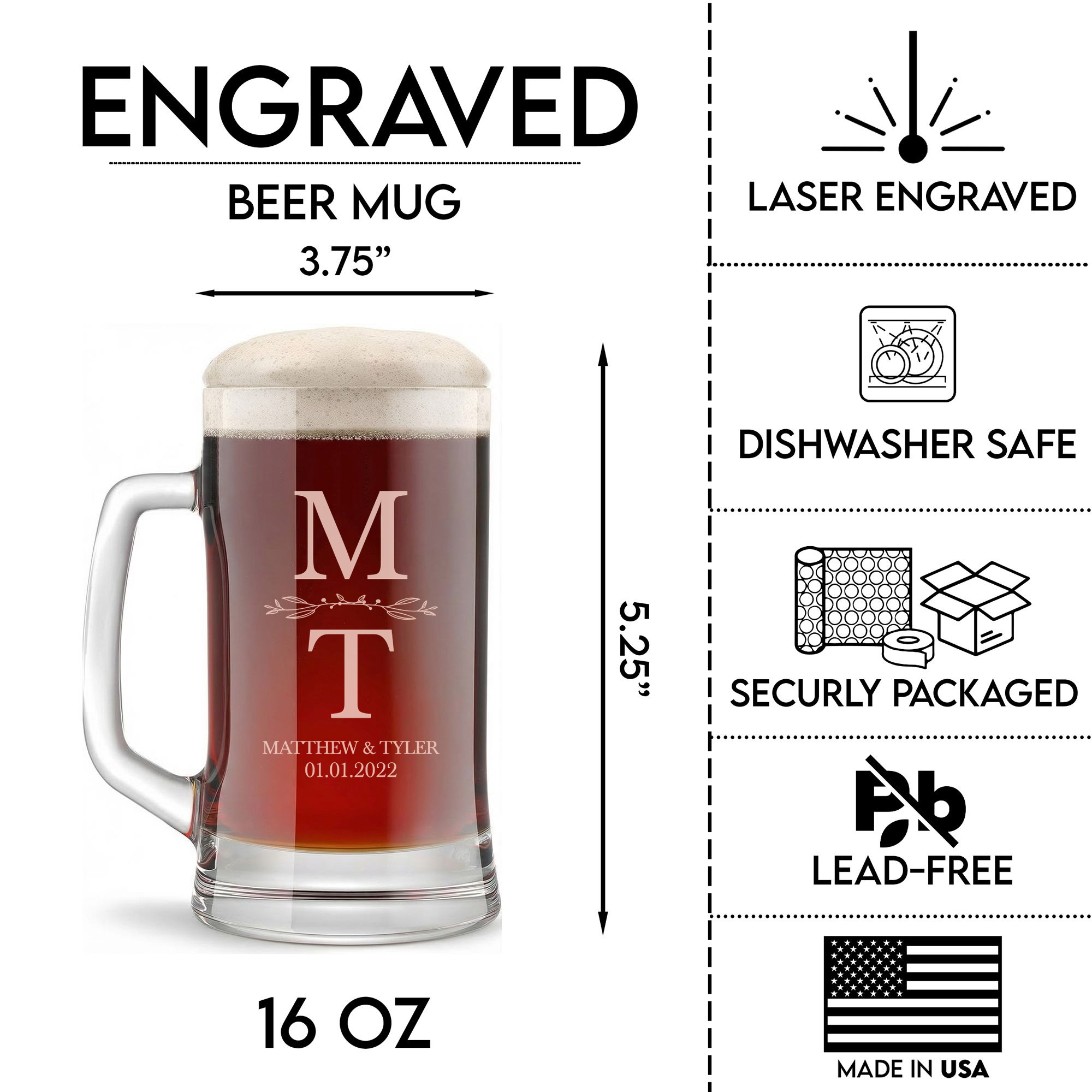 Personalized Wedding Themed Beer Mug Custom Engraved 16 oz Glass Beer Mug