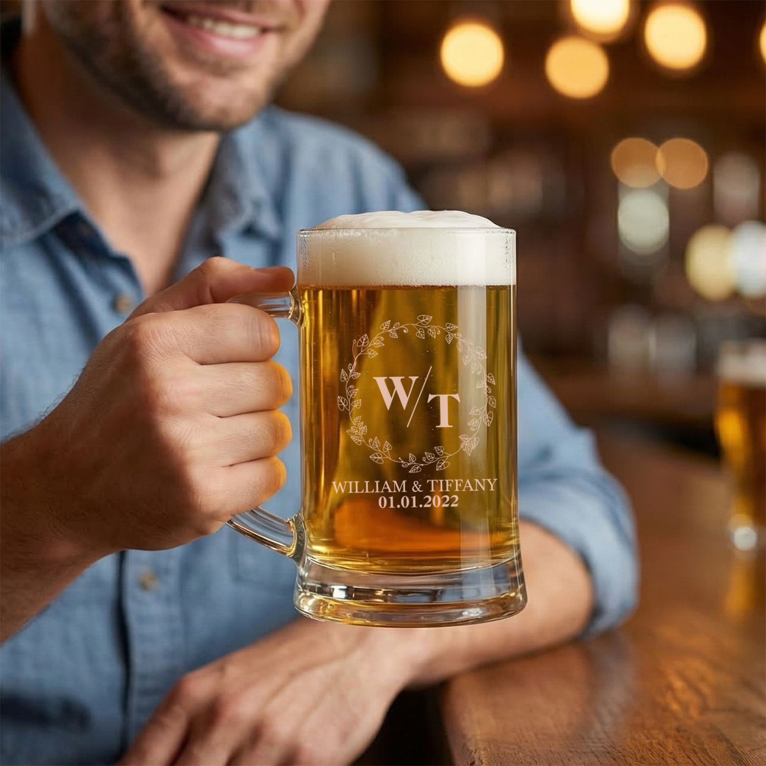 Personalized Wedding Themed Beer Mug with Names Custom Engraved 16 oz Glass Beer Mug