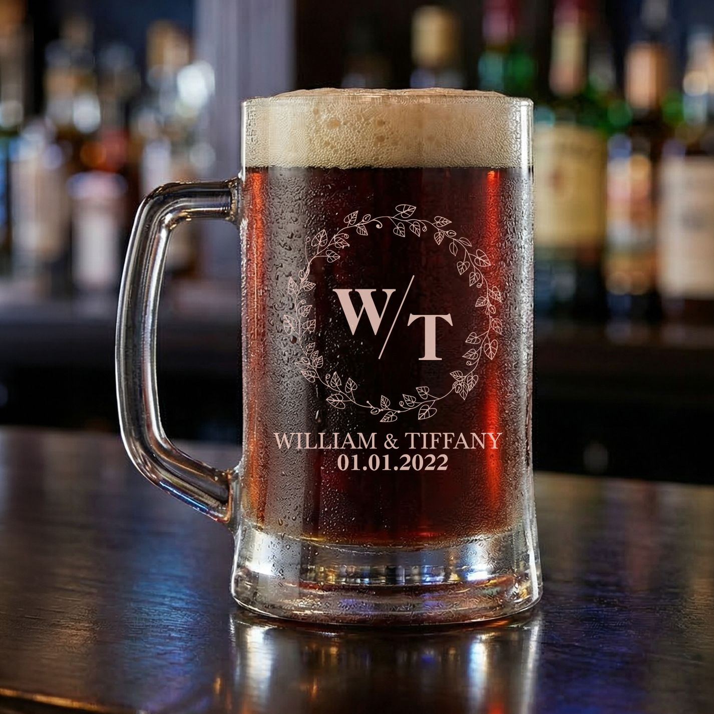 Personalized Wedding Themed Beer Mug with Names Custom Engraved 16 oz Glass Beer Mug