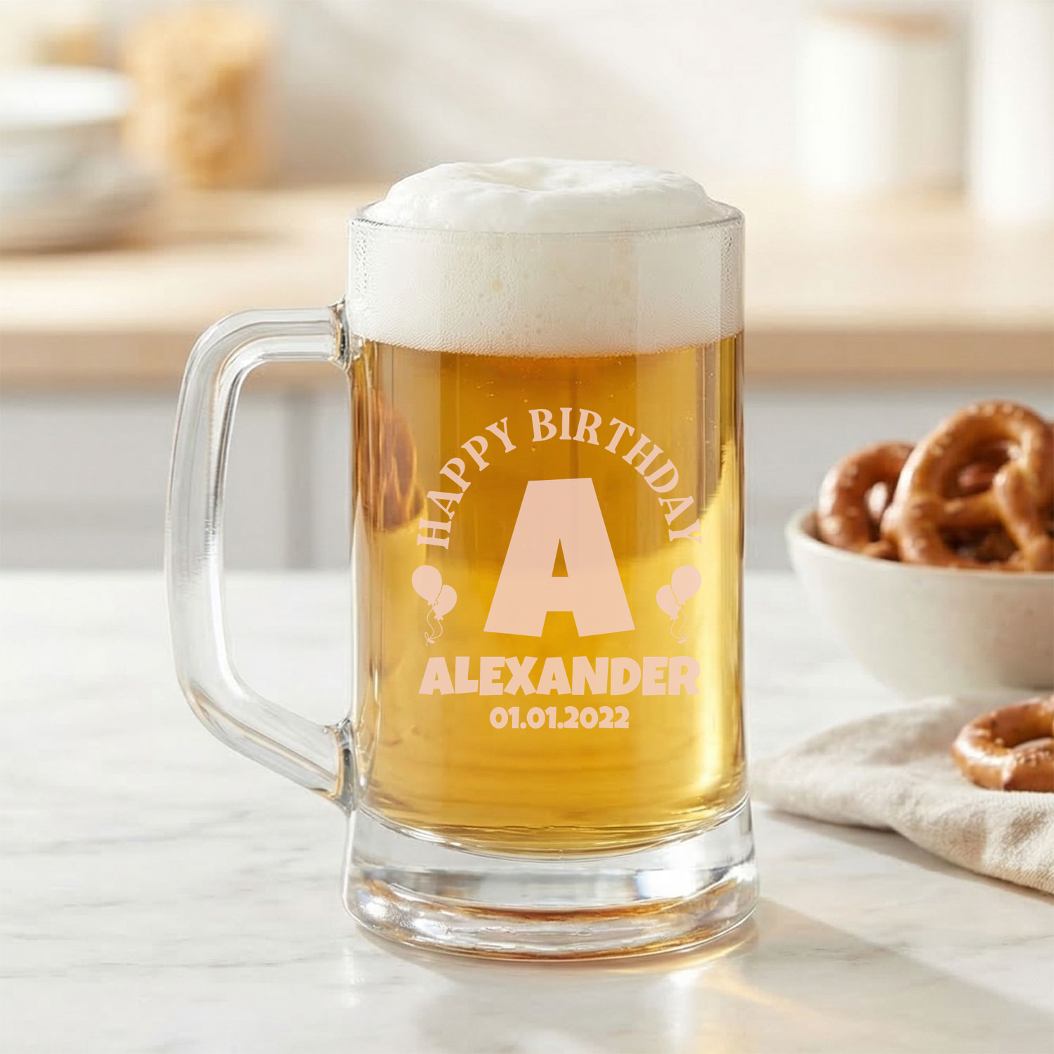 Personalized Birthday Themed Beer Mug Custom Engraved 16 oz Glass Beer Mug