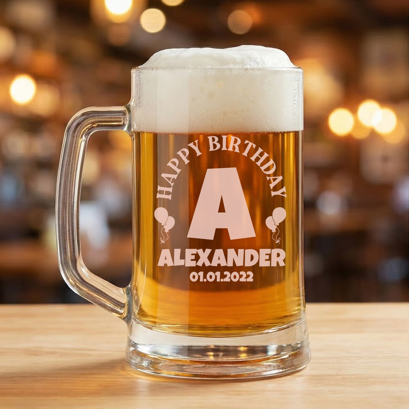 Personalized Birthday Themed Beer Mug Custom Engraved 16 oz Glass Beer Mug