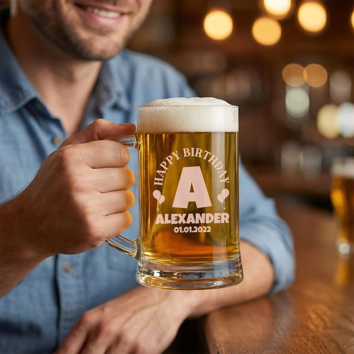 Personalized Birthday Themed Beer Mug Custom Engraved 16 oz Glass Beer Mug