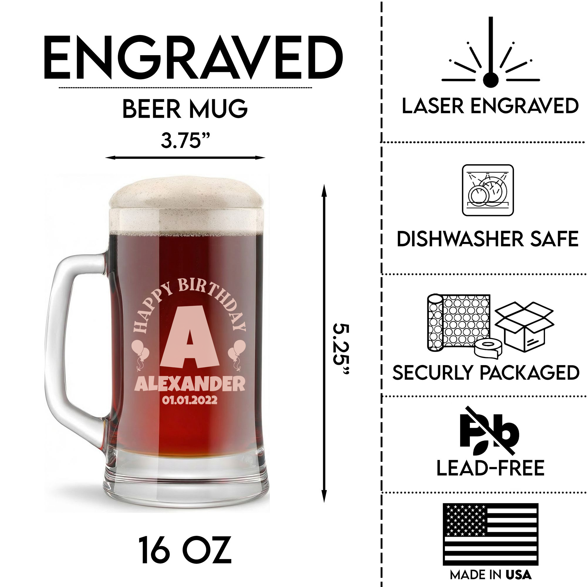 Personalized Birthday Themed Beer Mug Custom Engraved 16 oz Glass Beer Mug
