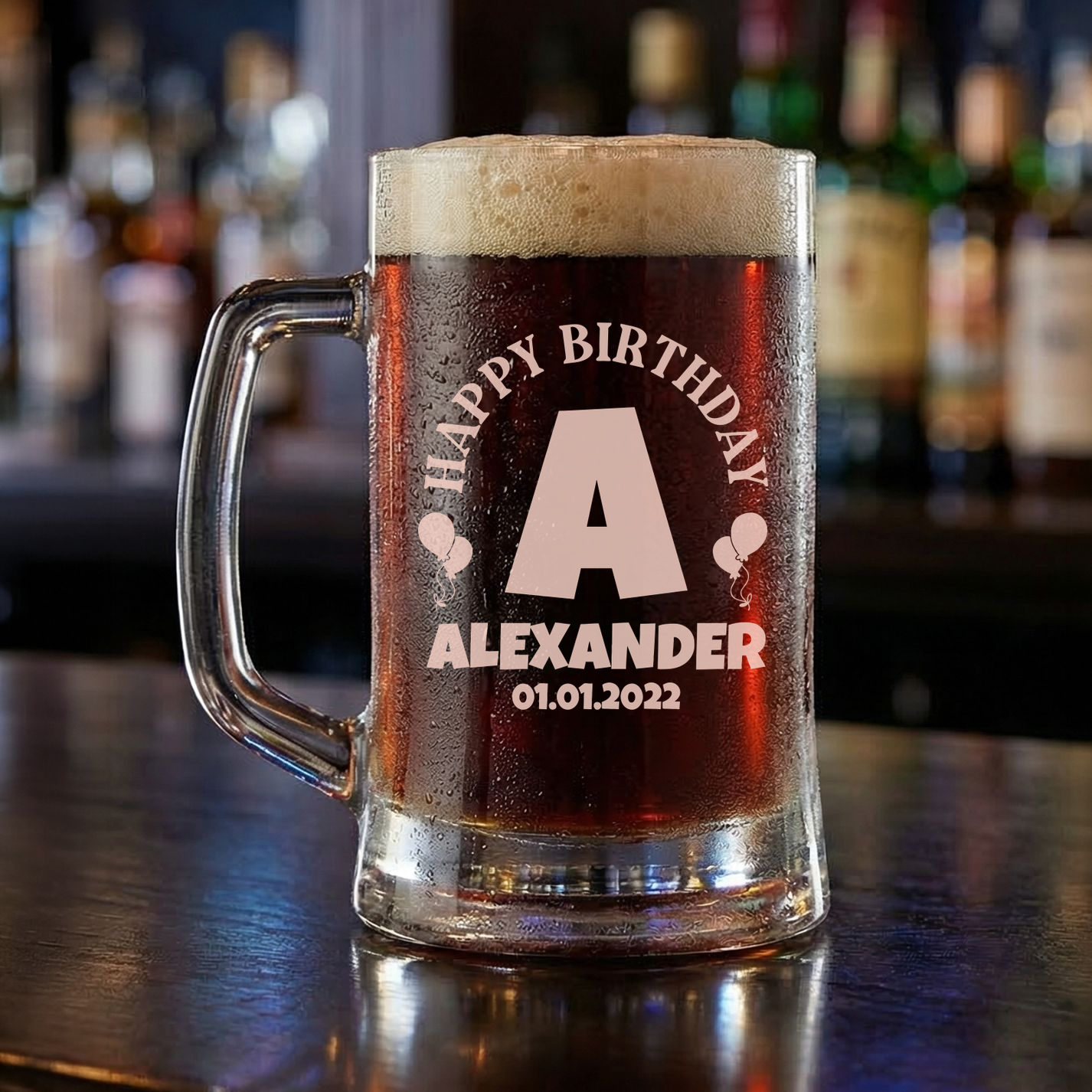 Personalized Birthday Themed Beer Mug Custom Engraved 16 oz Glass Beer Mug