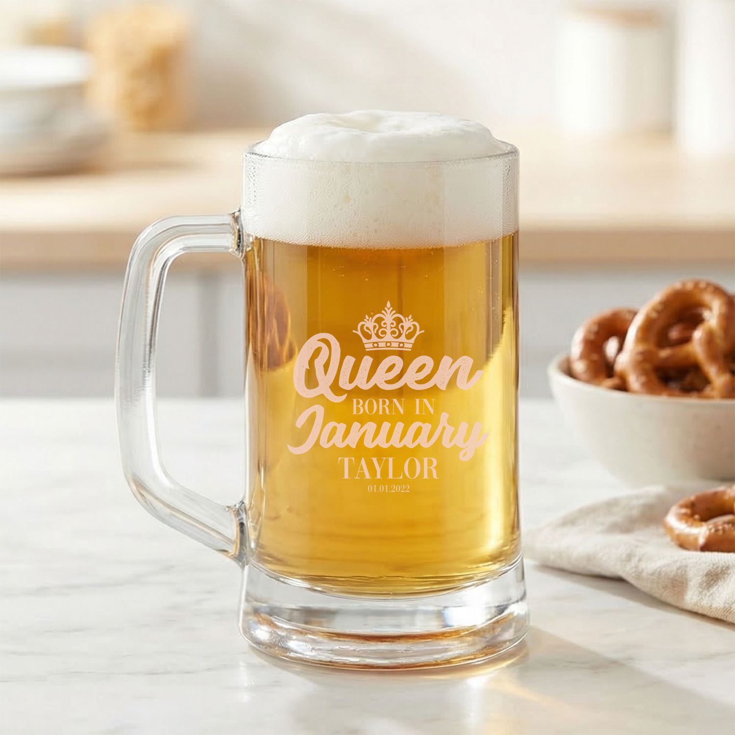 Personalized Birthday Themed Beer Mug with Name Custom Engraved 16 oz Glass Beer Mug