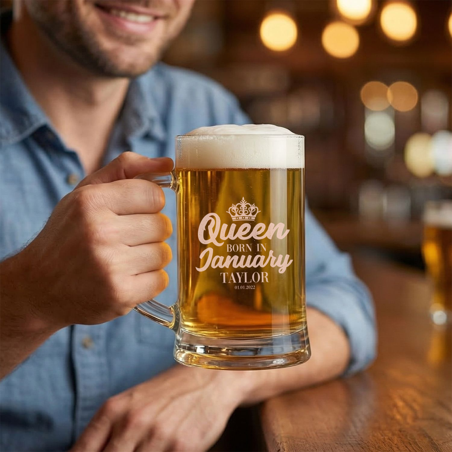 Personalized Birthday Themed Beer Mug with Name Custom Engraved 16 oz Glass Beer Mug
