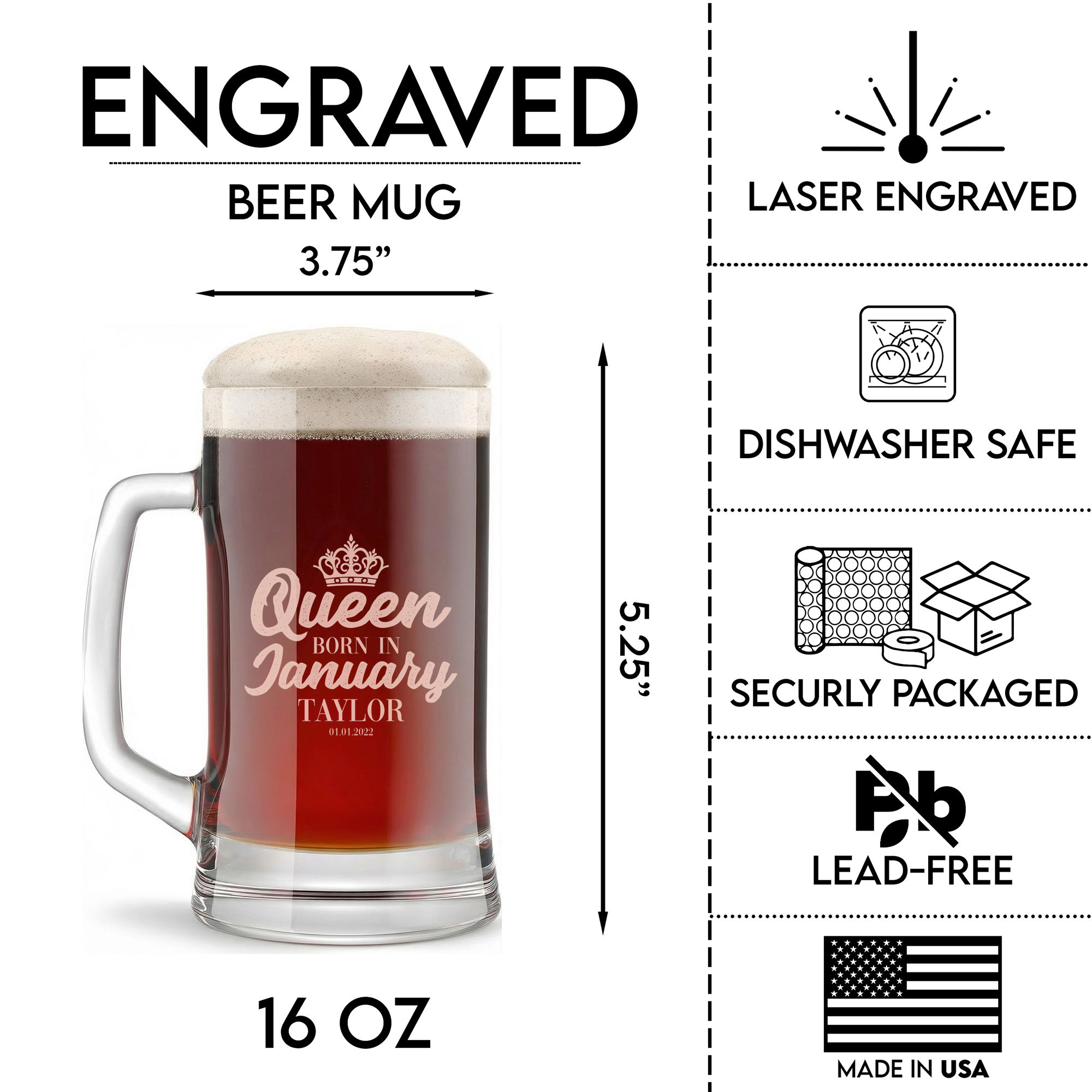 Personalized Birthday Themed Beer Mug with Name Custom Engraved 16 oz Glass Beer Mug