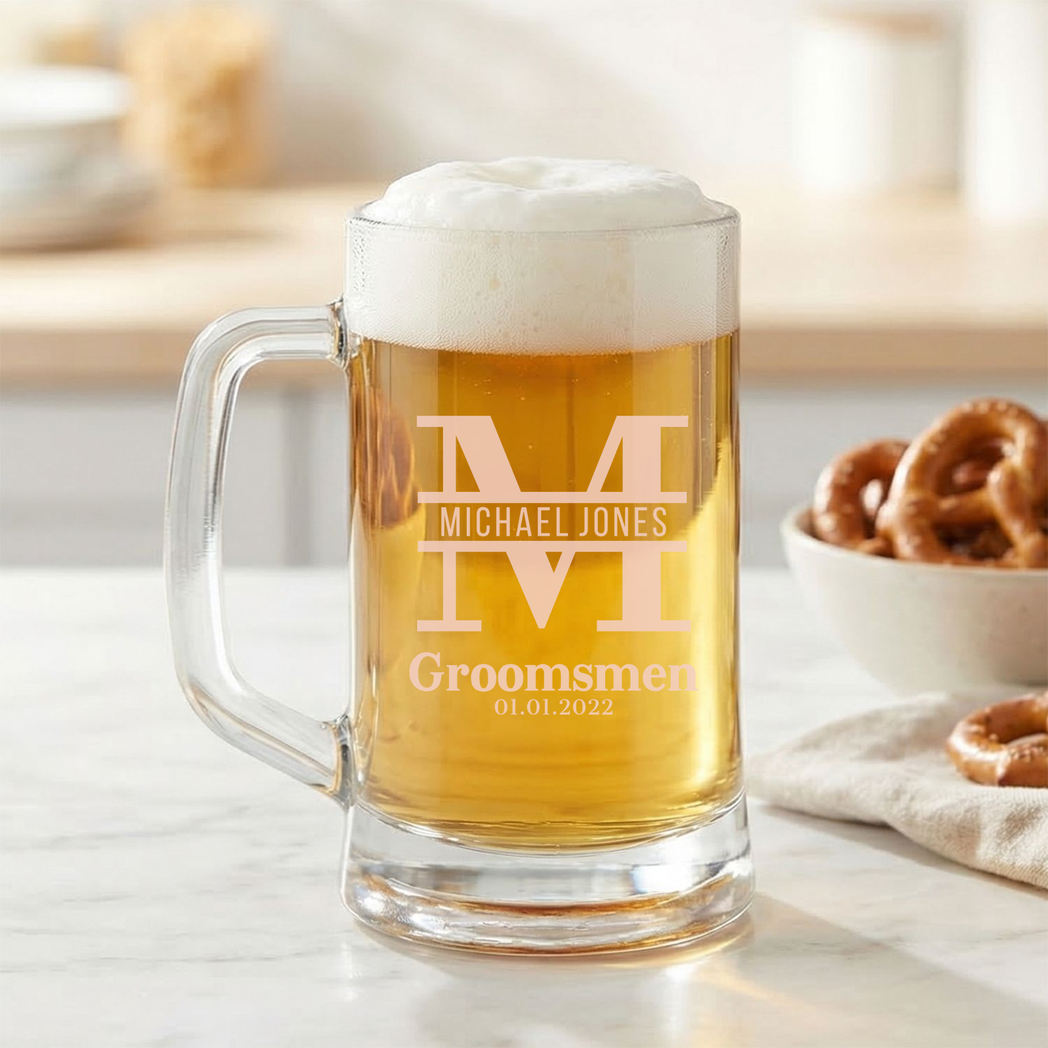 Personalized Groomsmen Themed Beer Mug Custom Engraved 16 oz Glass Beer Mug