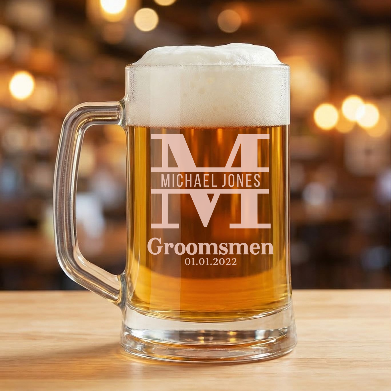 Personalized Groomsmen Themed Beer Mug Custom Engraved 16 oz Glass Beer Mug