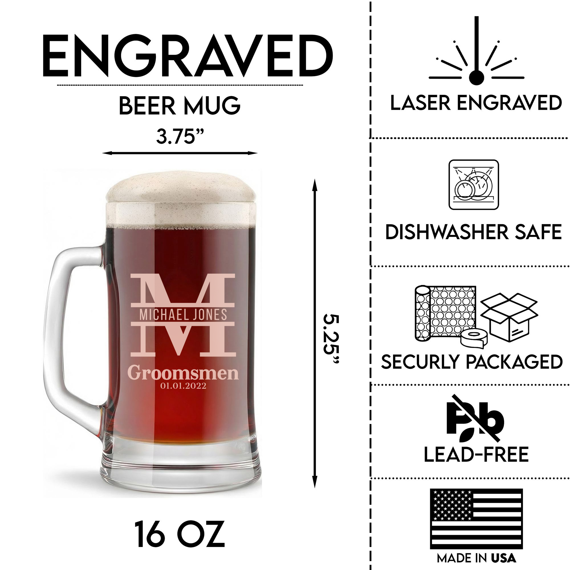 Personalized Groomsmen Themed Beer Mug Custom Engraved 16 oz Glass Beer Mug