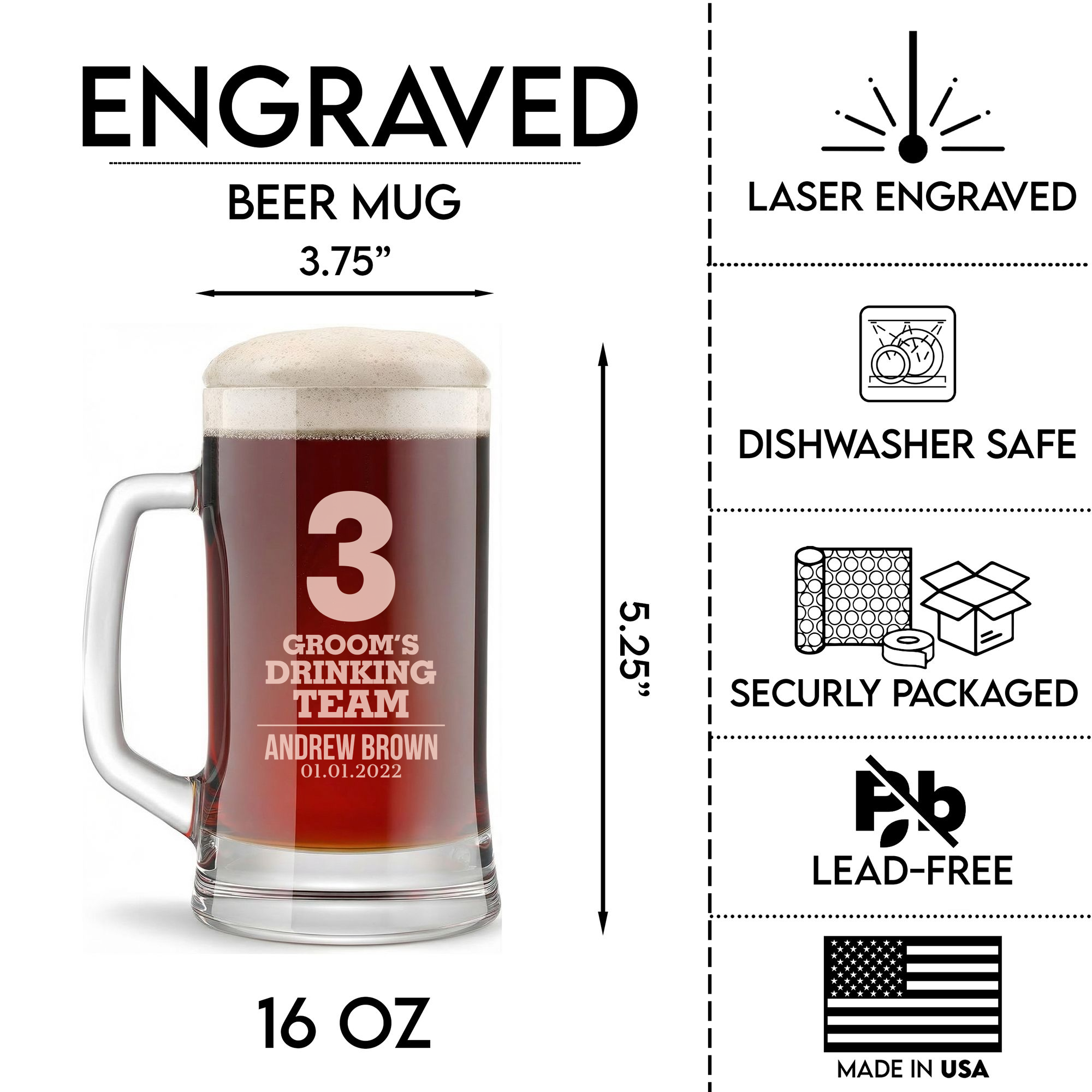 Personalized Beer Mug for Groomsmen Custom Engraved 16 oz Glass Beer Mug