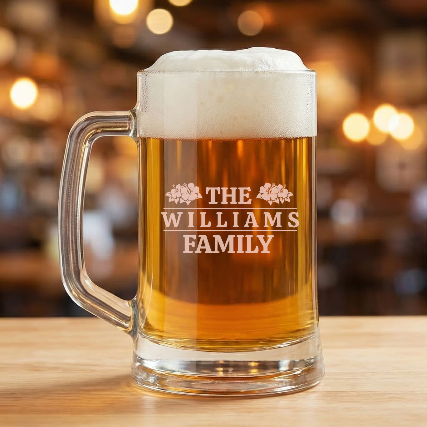 Personalized Beer Mug with Surname Custom Engraved 16 oz Glass Beer Mug