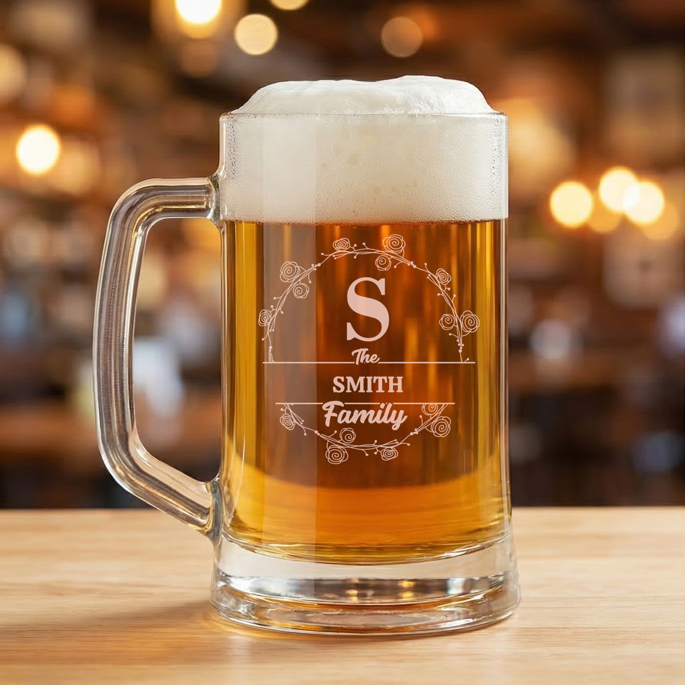 Personalized Beer Mug with Family Name Custom Engraved 16 oz Glass Beer Mug
