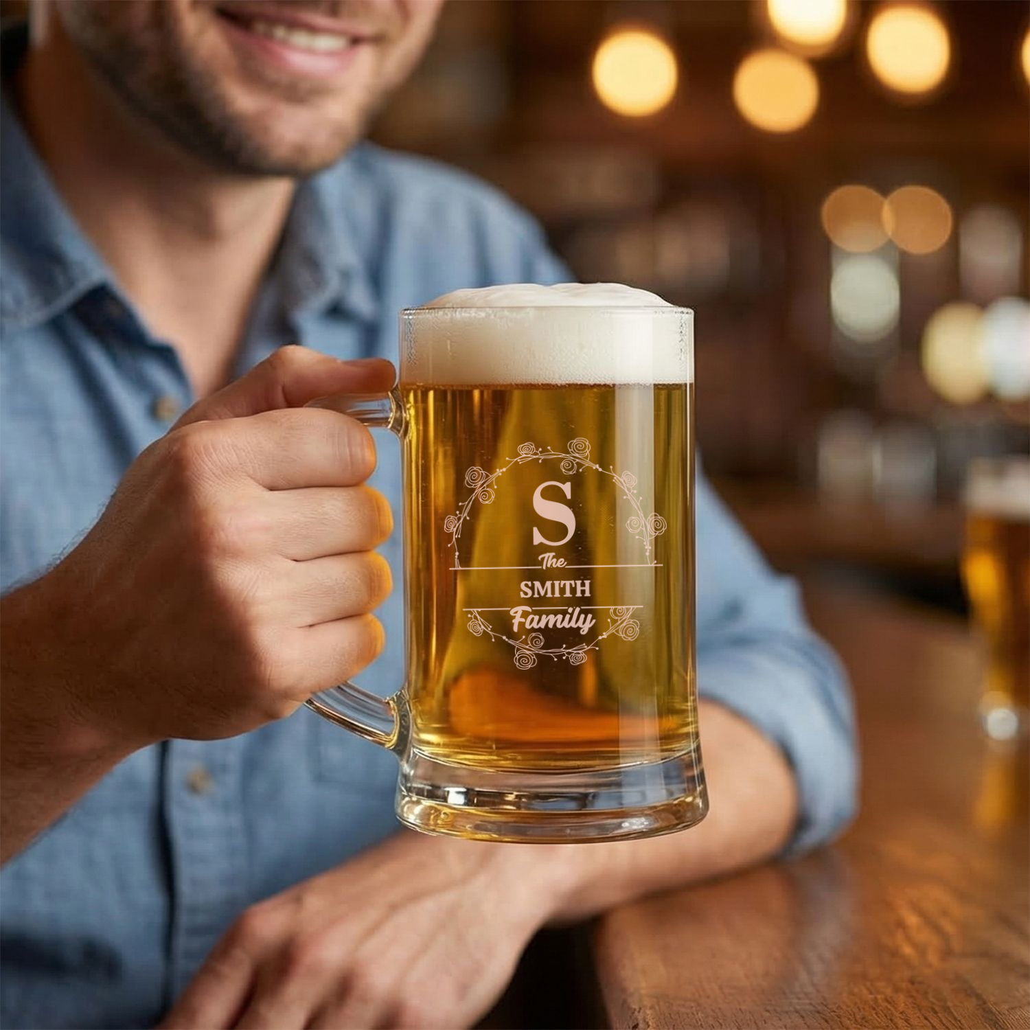 Personalized Beer Mug with Family Name Custom Engraved 16 oz Glass Beer Mug