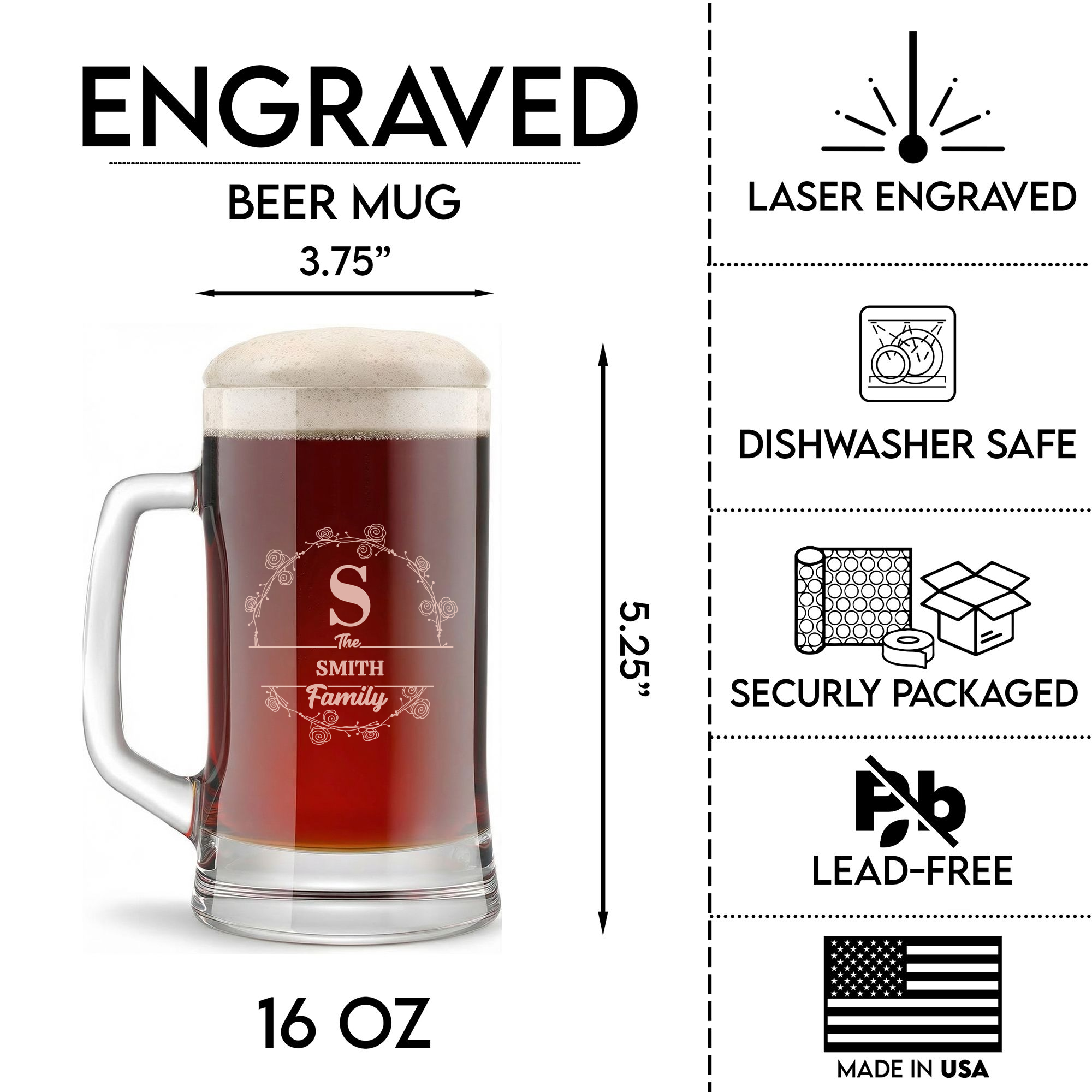 Personalized Beer Mug with Family Name Custom Engraved 16 oz Glass Beer Mug