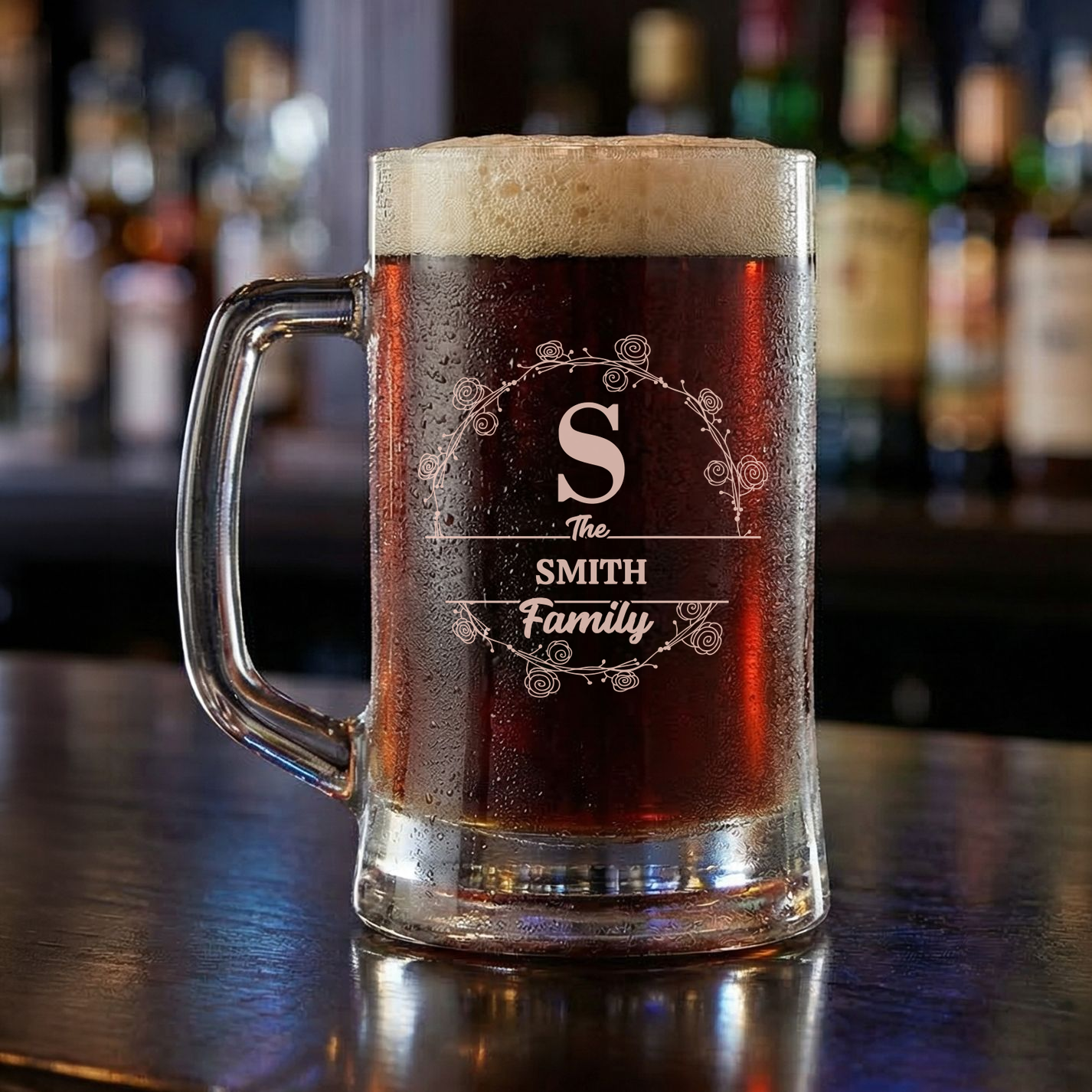 Personalized Beer Mug with Family Name Custom Engraved 16 oz Glass Beer Mug