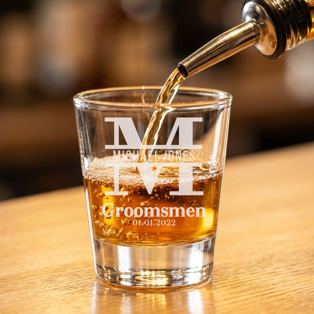 Personalized Groomsmen Themed Shot Glass Custom Engraved 1.5 oz Shot Glass