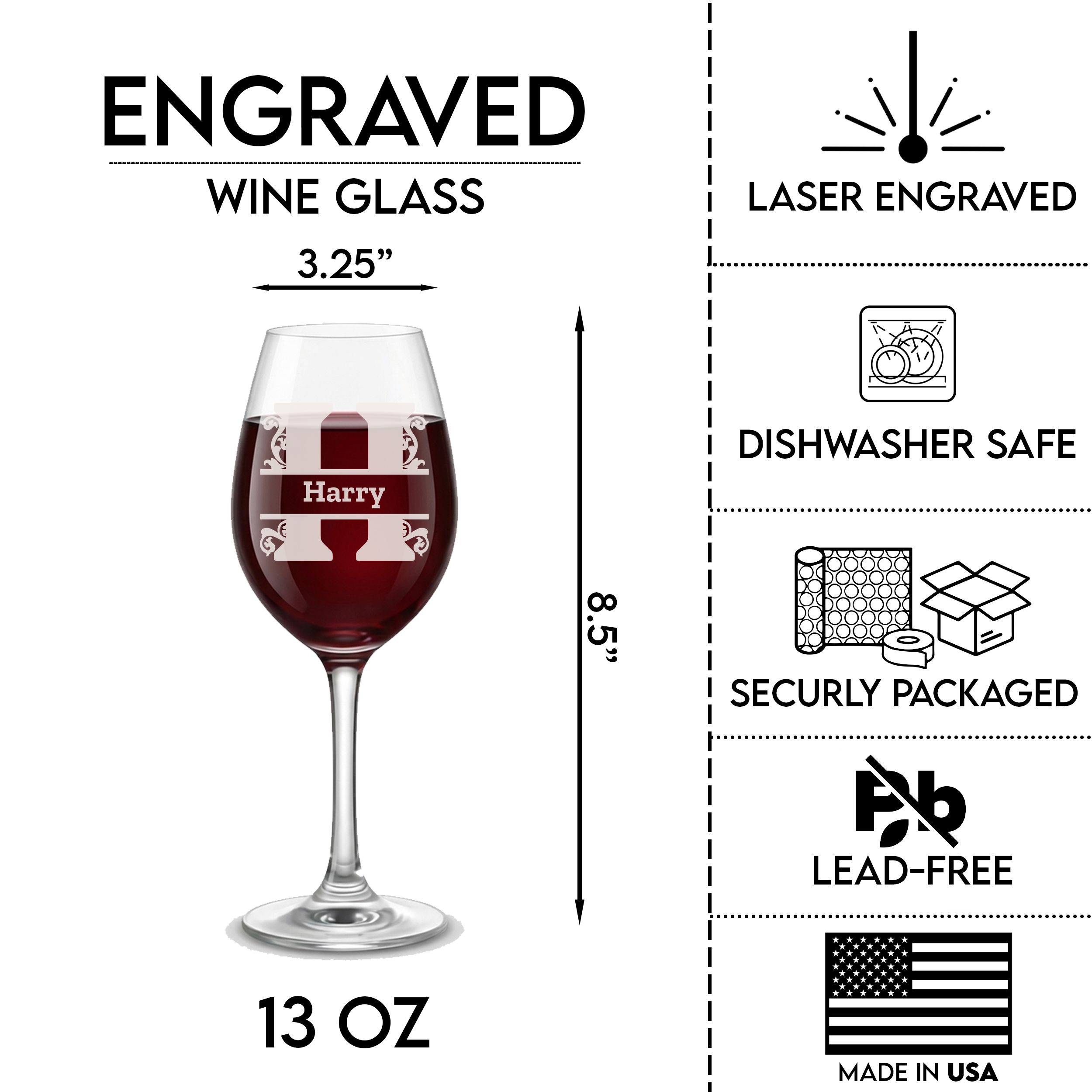 Personalized 1 Letter Monogram Wine Glass Custom Engraved 13 oz Wine Glass