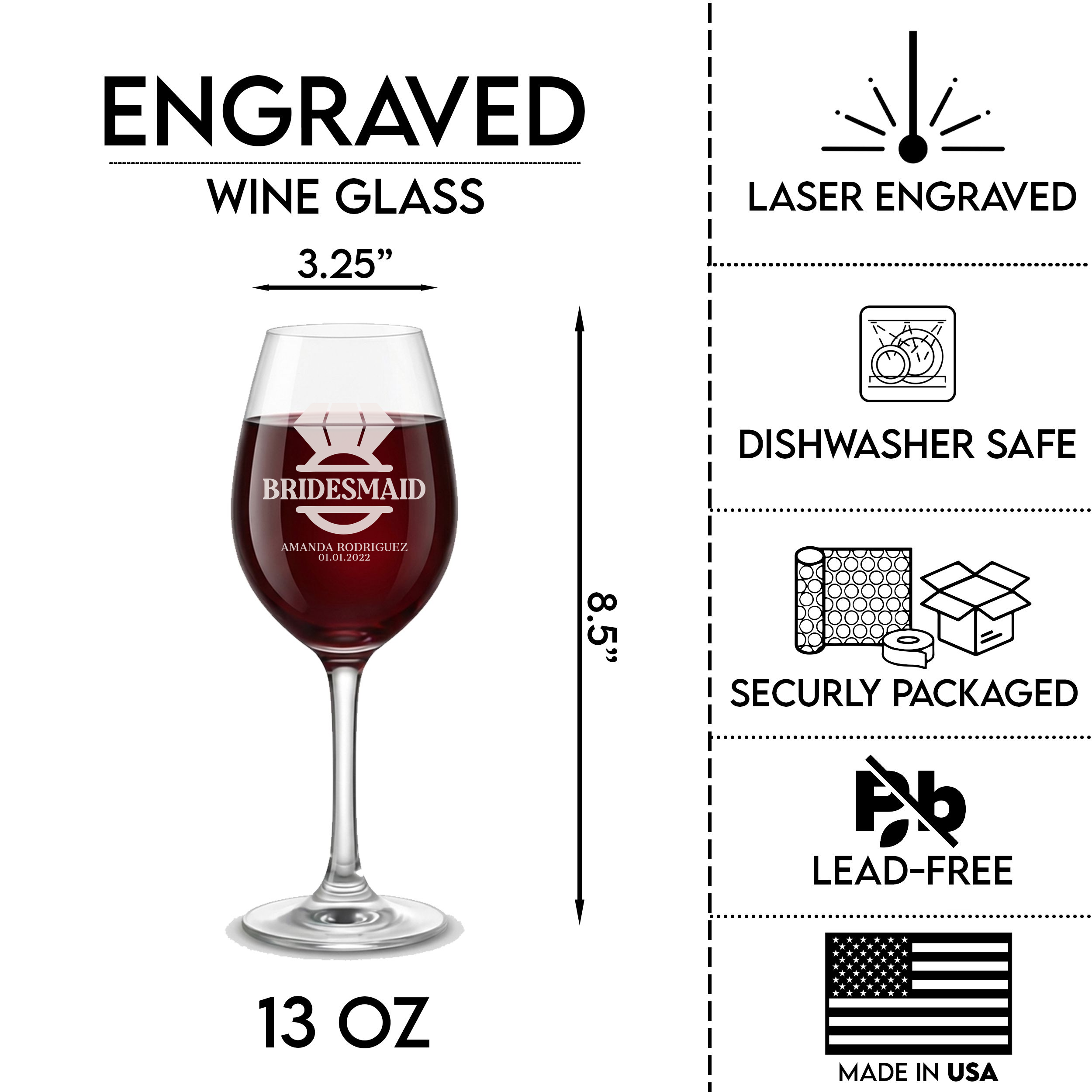 Personalized Wine Glass for Bridesmaid Custom Engraved 13 oz Wine Glass