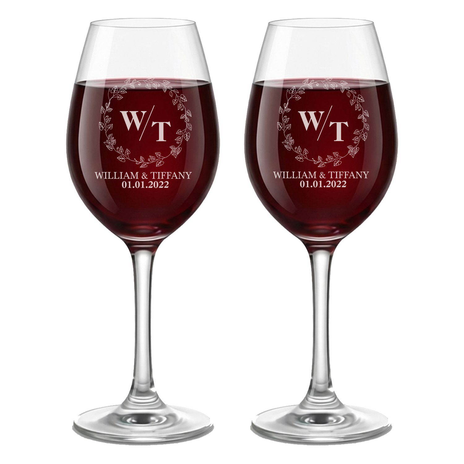Personalized Wedding Themed Wine Glass with Names Custom Engraved 13 oz Wine Glass