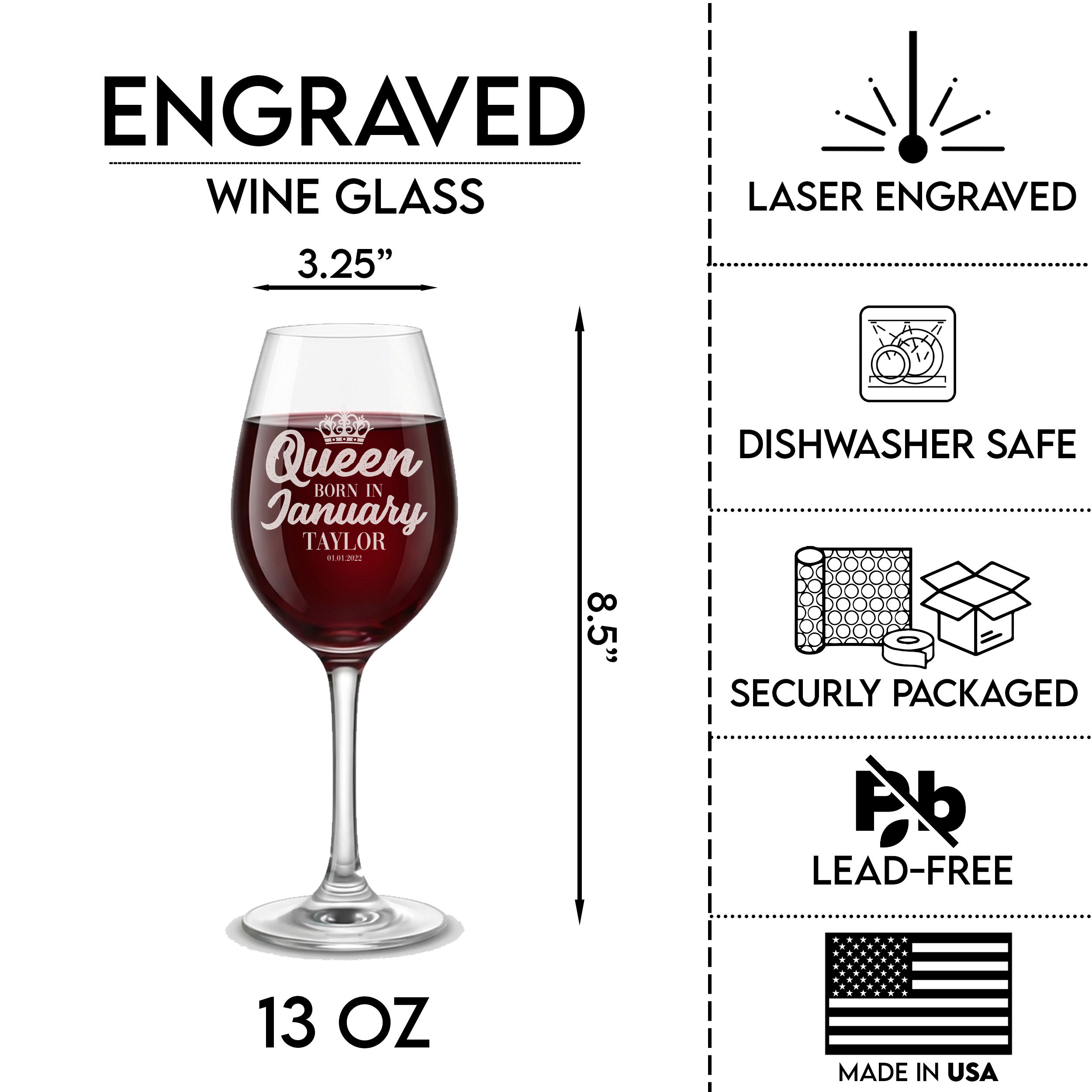Personalized Birthday Themed Wine Glass with Name Custom Engraved 13 oz Wine Glass