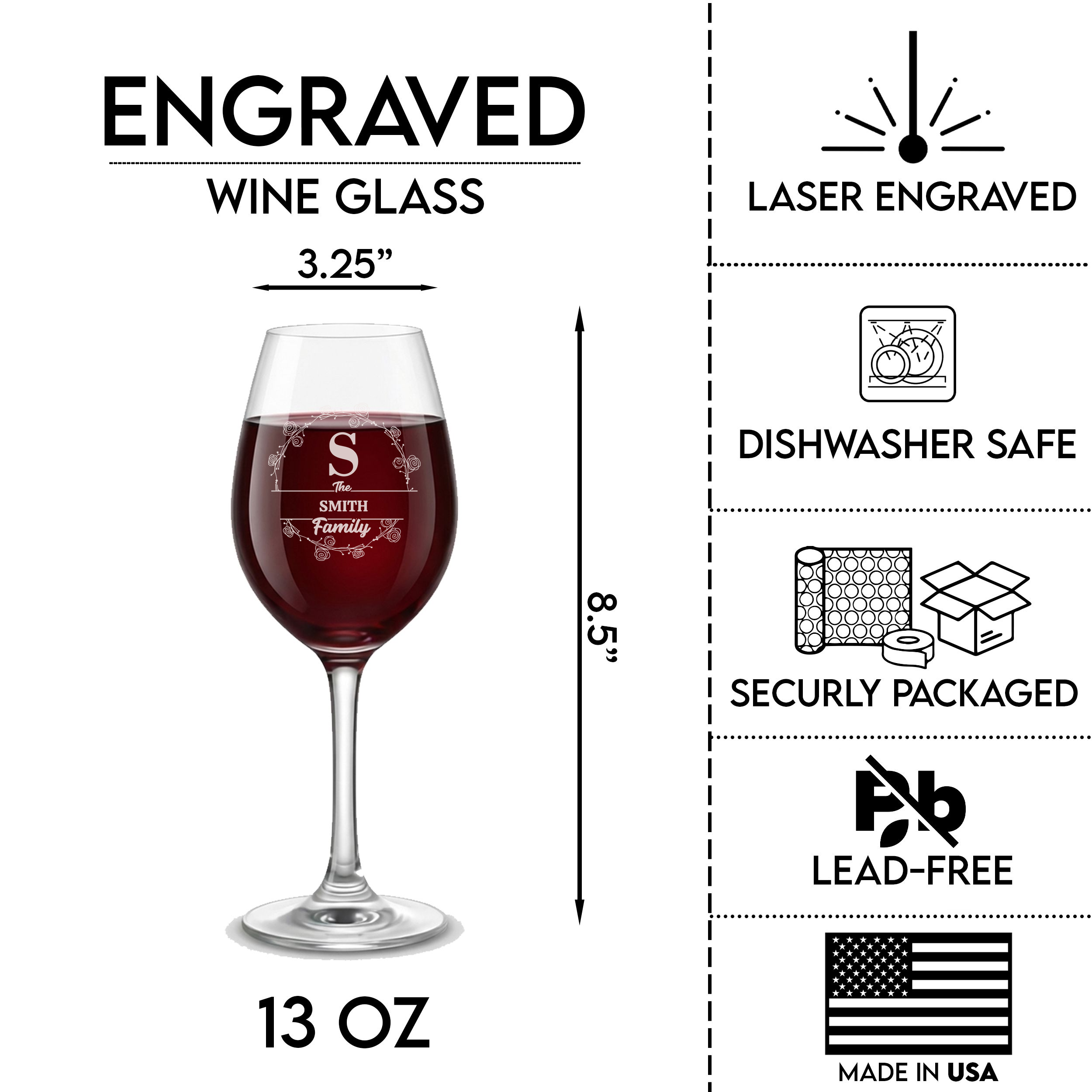 Personalized Wine Glass with Family Name Custom Engraved 13 oz Wine Glass