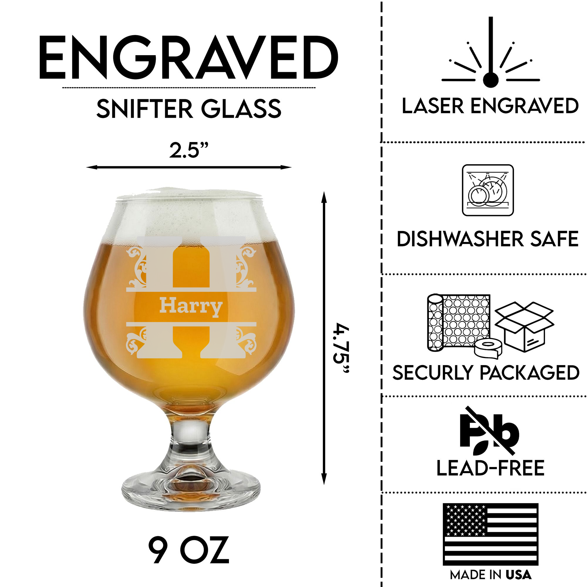 Personalized 1 Letter Monogram Snifter Custom Engraved 9 oz Snifter Glass
