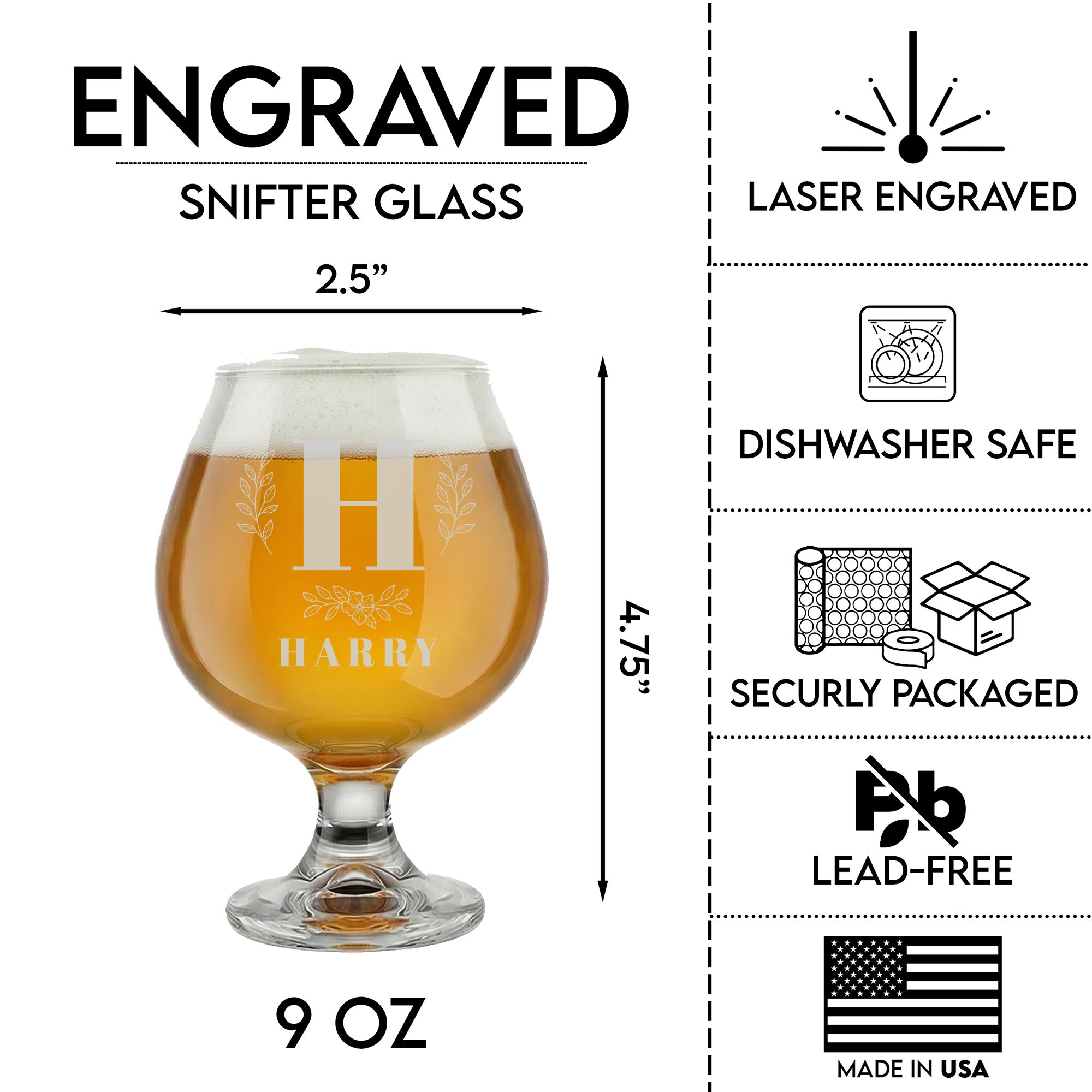 Personalized 1 Letter with Name Monogram Snifter Custom Engraved 9 oz Snifter Glass