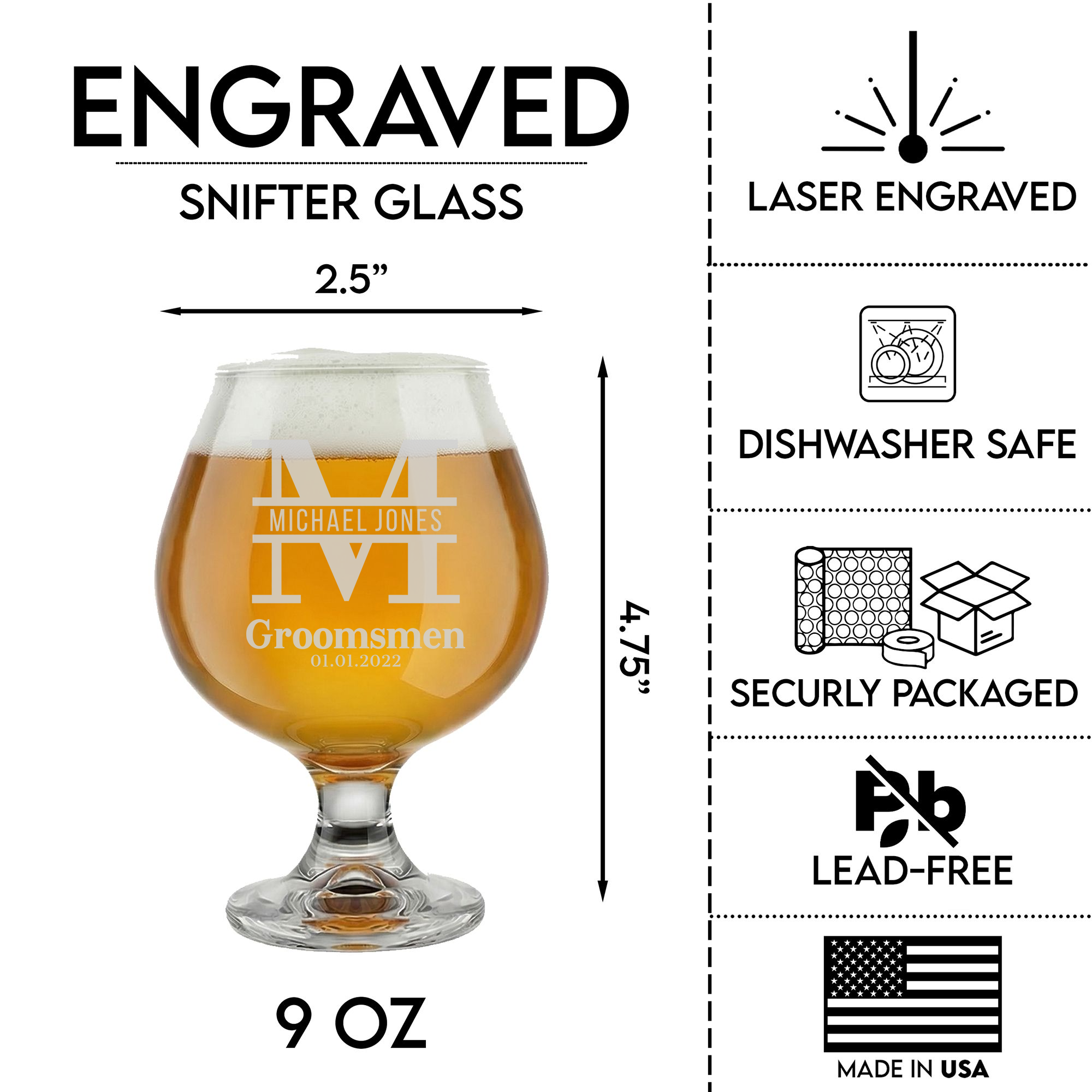 Personalized Groomsmen Themed Snifter Custom Engraved 9 oz Snifter Glass