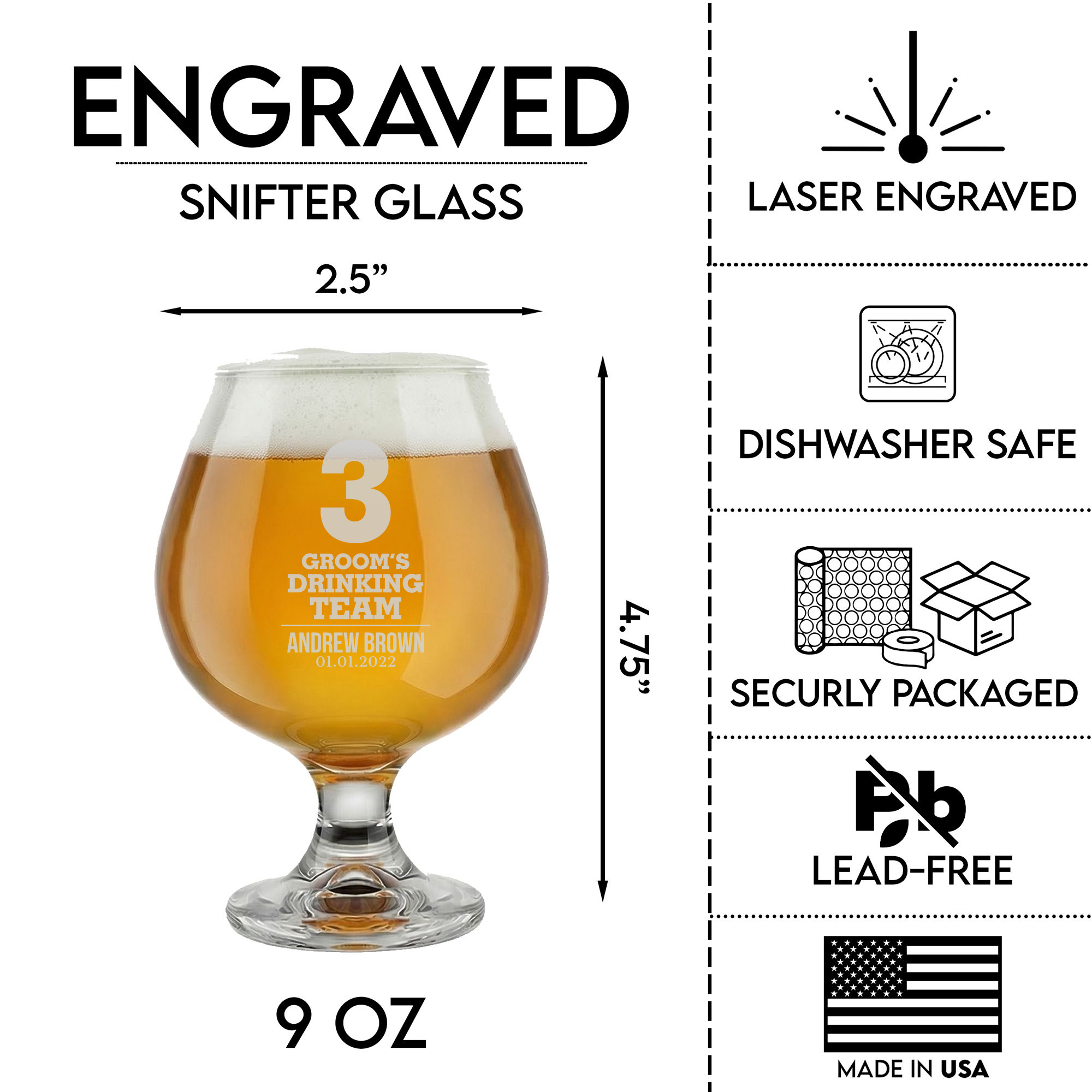 Personalized Snifter for Groomsmen Custom Engraved 9 oz Snifter Glass