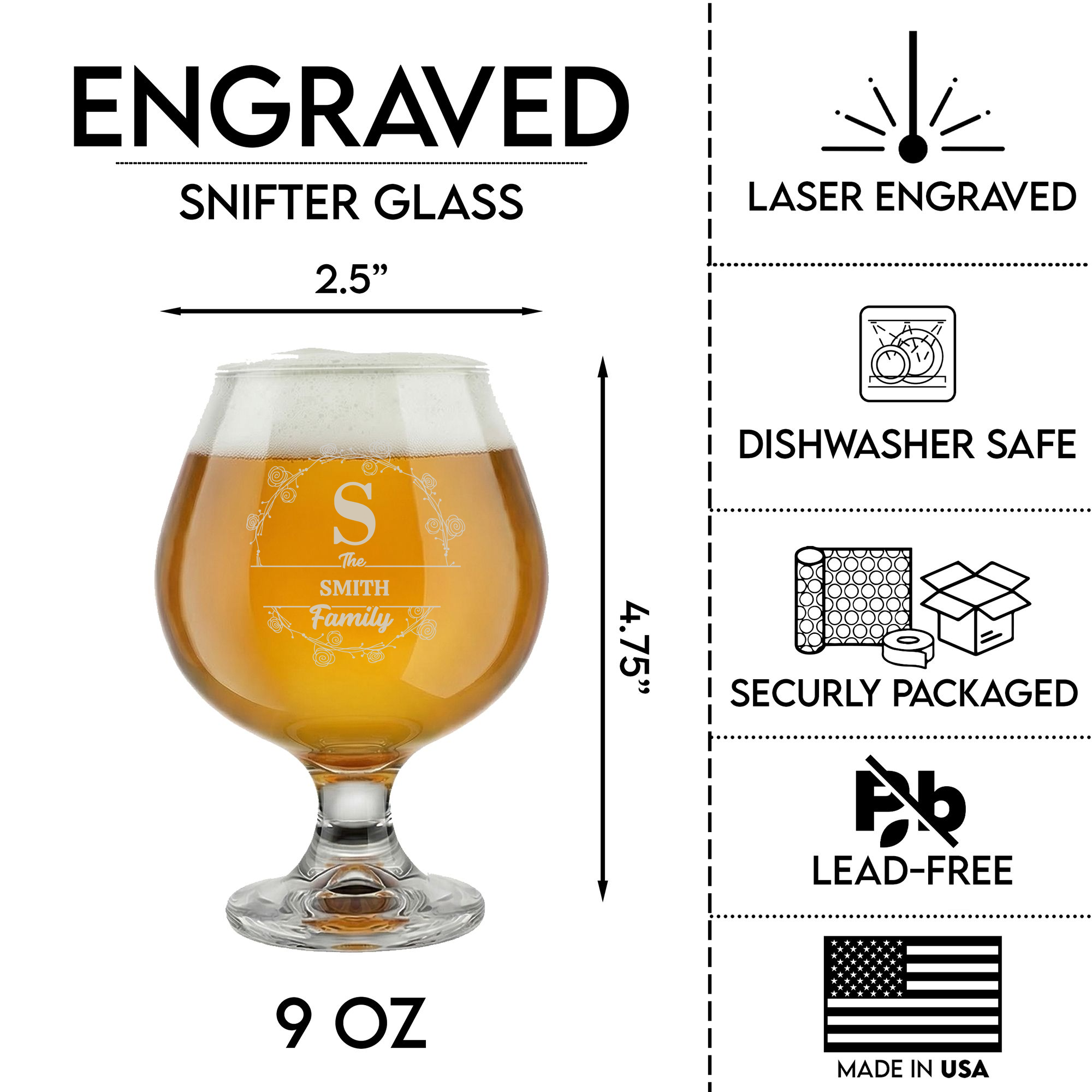 Personalized Snifter with Family Name Custom Engraved 9 oz Snifter Glass