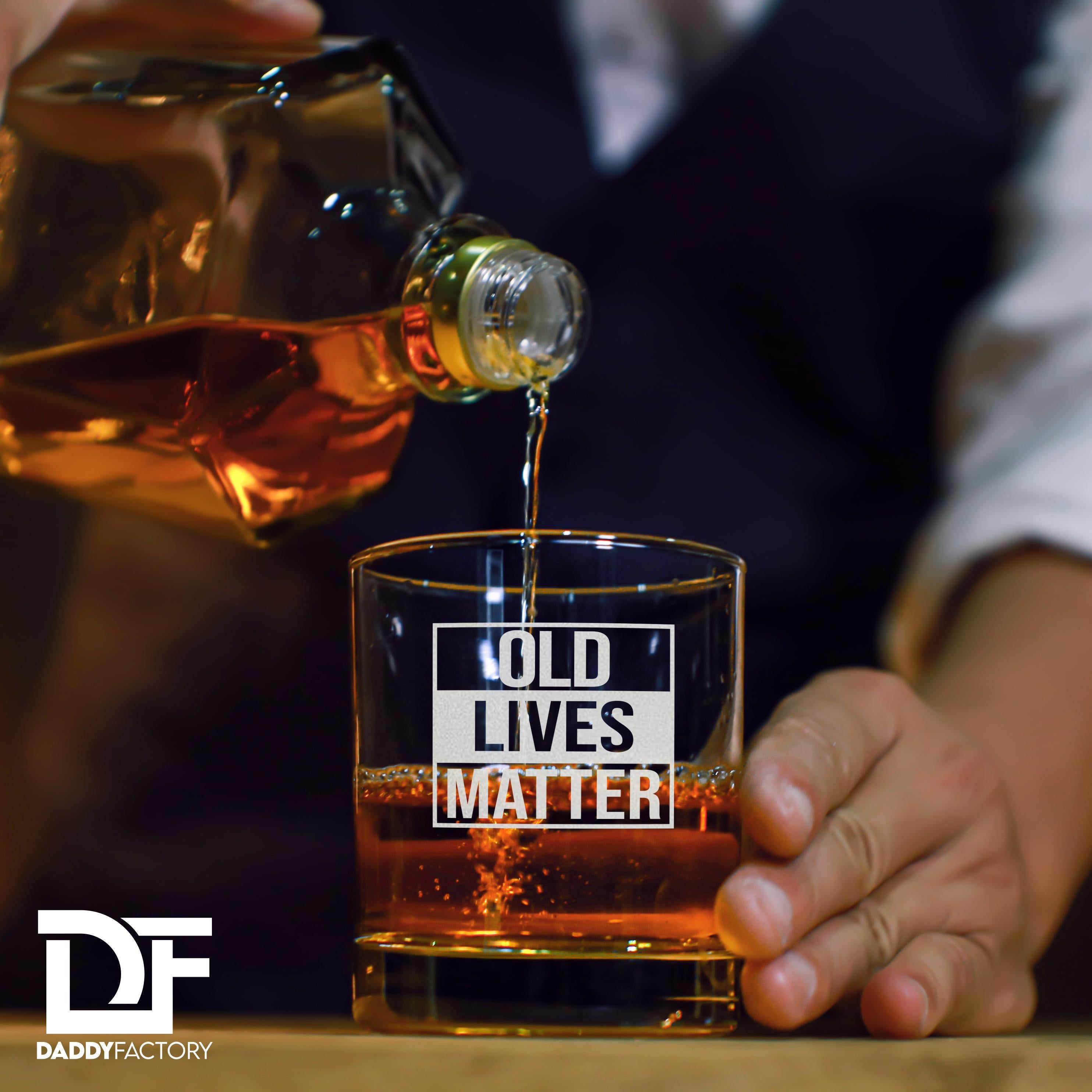 Gifts for Dad from son - Old Lives Matter - Laser Engraved Whisky Rocks Glass for him - thick sturdy 10.25 oz funny drinkware