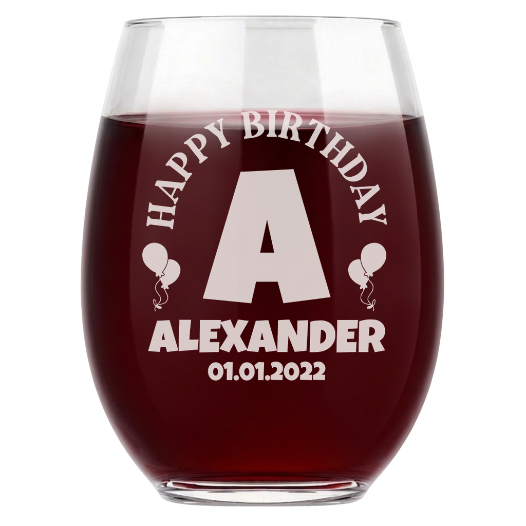 Personalized Birthday Themed Wine Glass Custom Engraved 15 oz Stemless Wine Glass