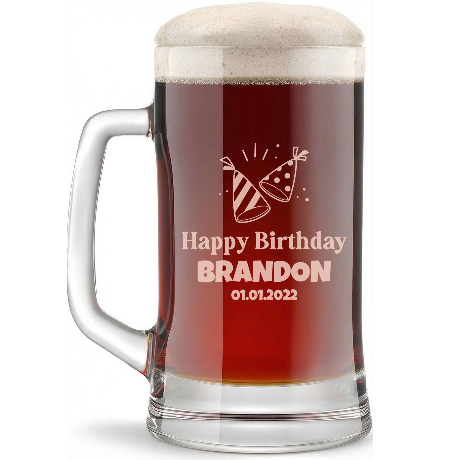 Personalized Birthday Themed Beer Mug Custom Engraved 16 oz Glass Beer Mug