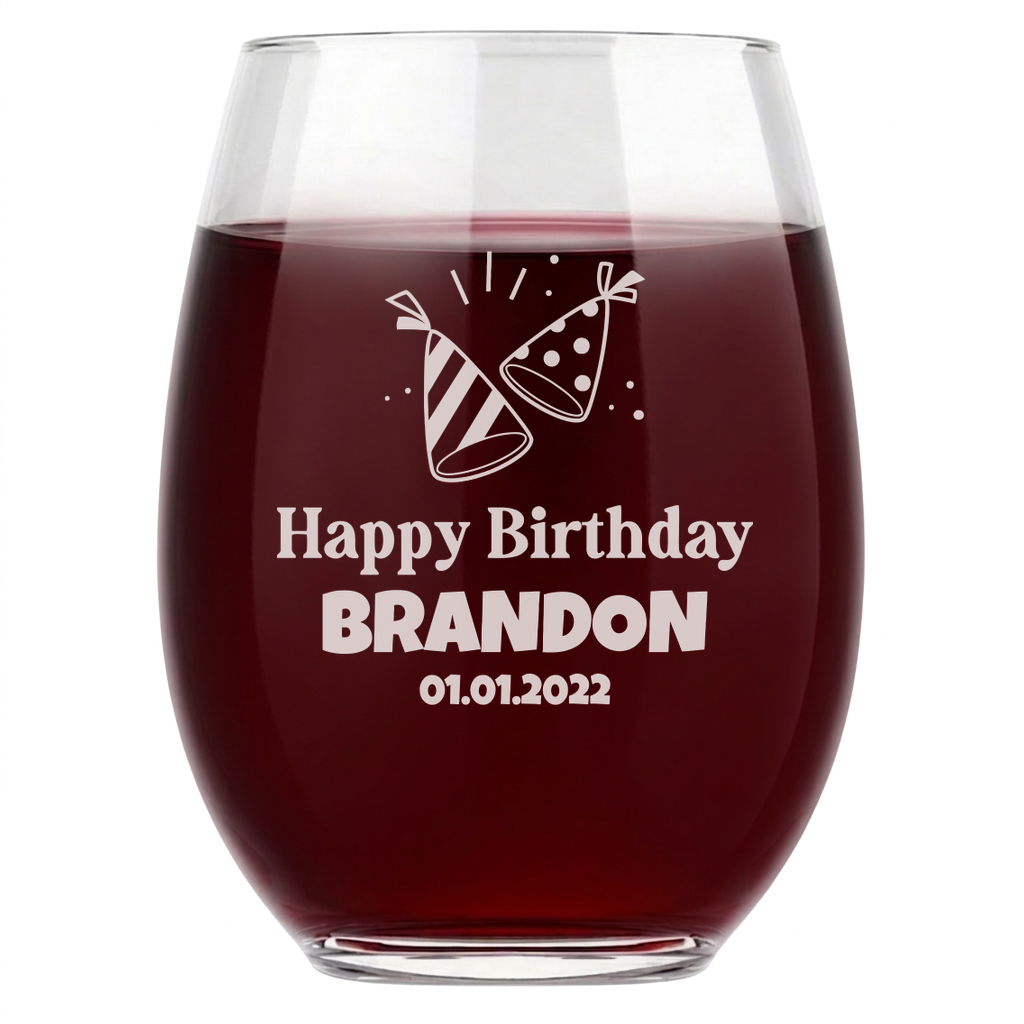 Personalized Birthday Themed Wine Glass Custom Engraved 15 oz Stemless Wine Glass