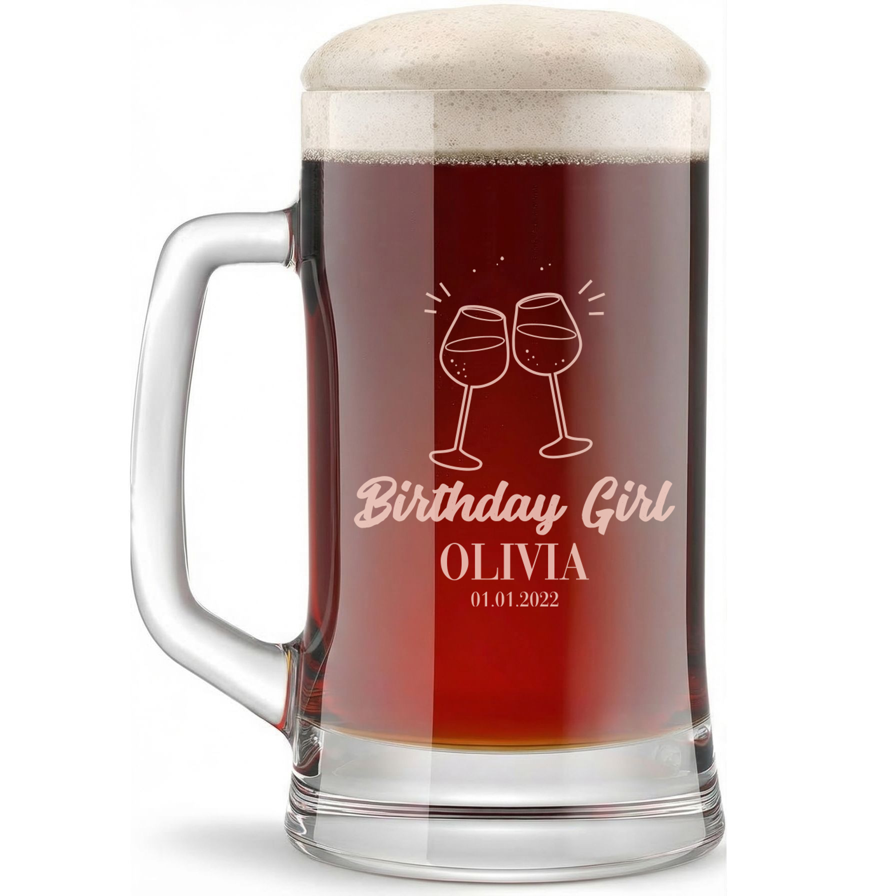 Personalized Birthday Themed Beer Mug with Name Custom Engraved 16 oz Glass Beer Mug