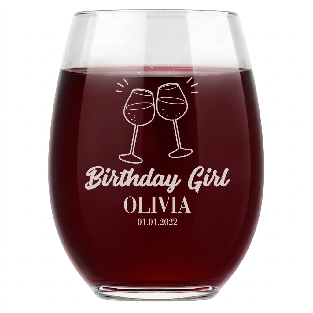 Personalized Birthday Themed Wine Glass with Name Custom Engraved 15 oz Stemless Wine Glass