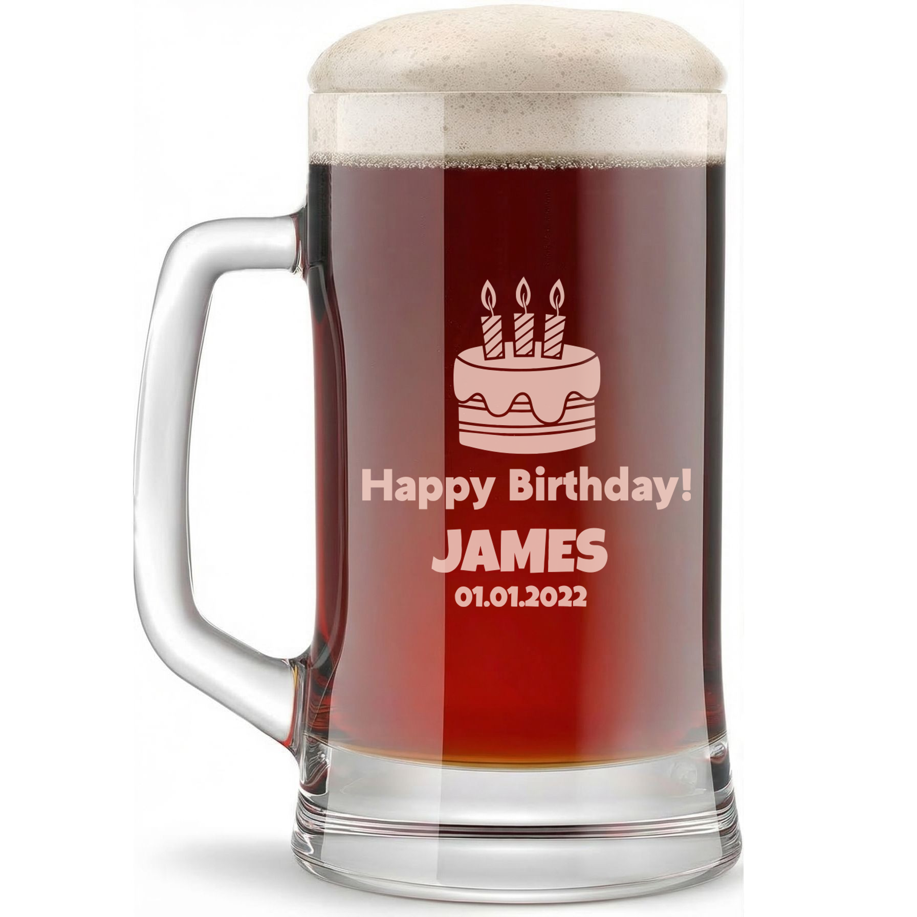 Personalized Birthday Themed Beer Mug with Name Custom Engraved 16 oz Glass Beer Mug