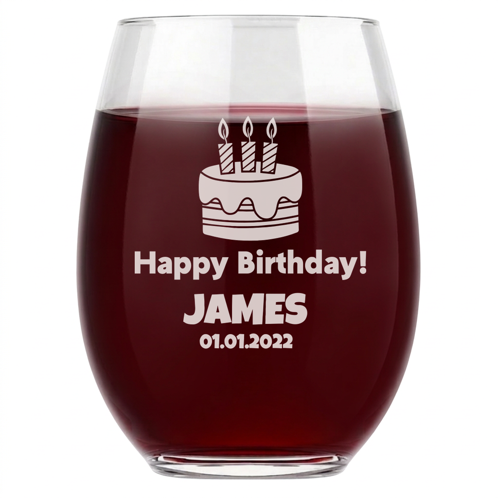 Personalized Birthday Themed Wine Glass with Name Custom Engraved 15 oz Stemless Wine Glass