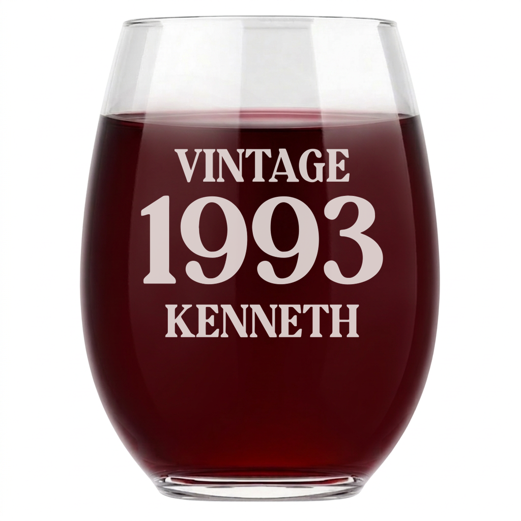 Personalized Birthday Themed Wine Glass with Name Custom Engraved 15 oz Stemless Wine Glass