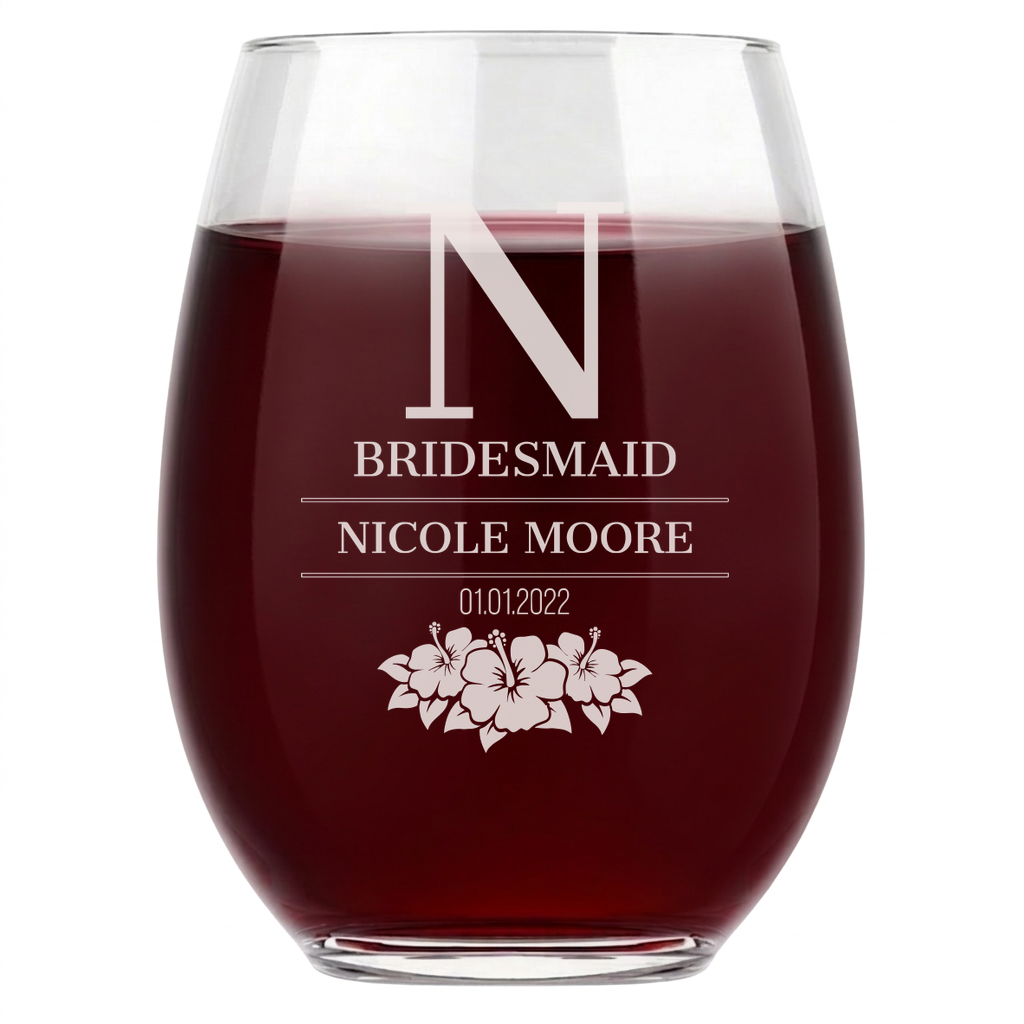 Personalized Bridesmaid Themed Wine Glass Custom Engraved 15 oz Stemless Wine Glass