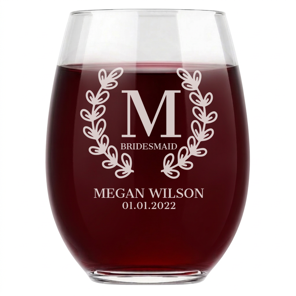 Personalized Bridesmaid Themed Wine Glass Custom Engraved 15 oz Stemless Wine Glass
