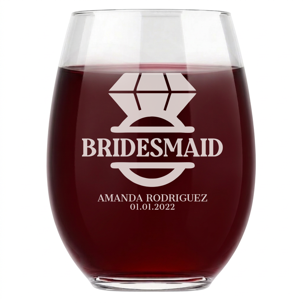 Personalized Wine Glass for Bridesmaid Custom Engraved 15 oz Stemless Wine Glass