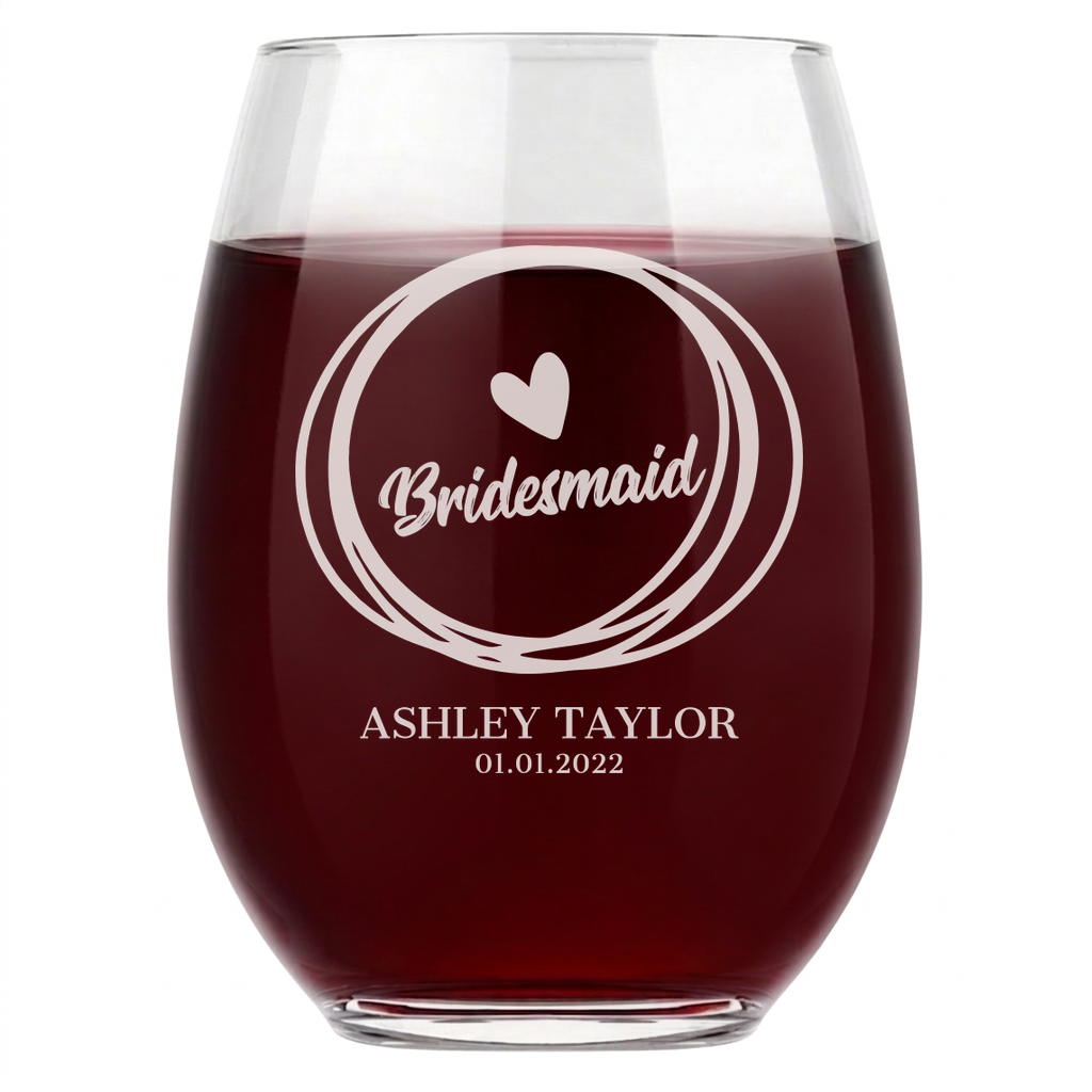 Personalized Wine Glass for Bridesmaid Custom Engraved 15 oz Stemless Wine Glass