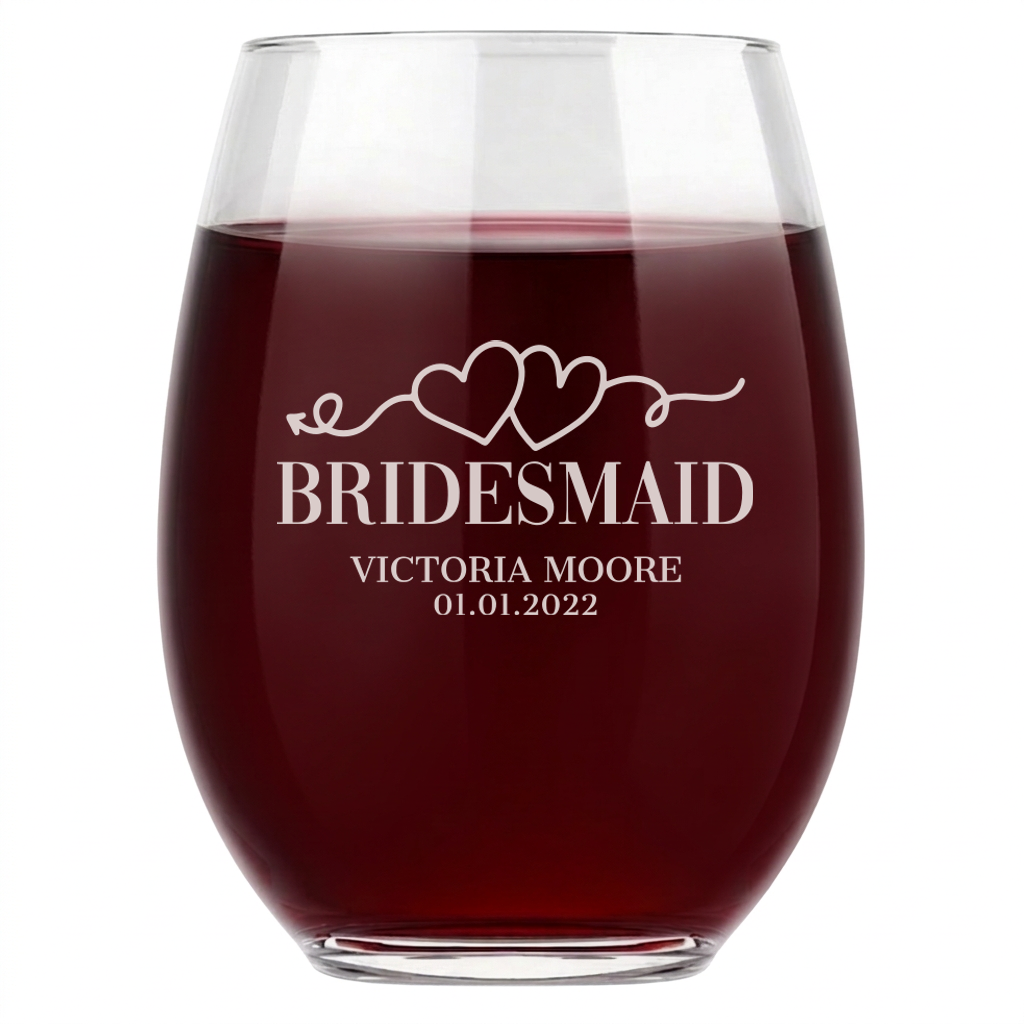 Personalized Wine Glass for Bridesmaid Custom Engraved 15 oz Stemless Wine Glass